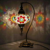 Multicolor Turkish mosaic table lamp illuminated, showing colorful light projection (ENV DVN3007)