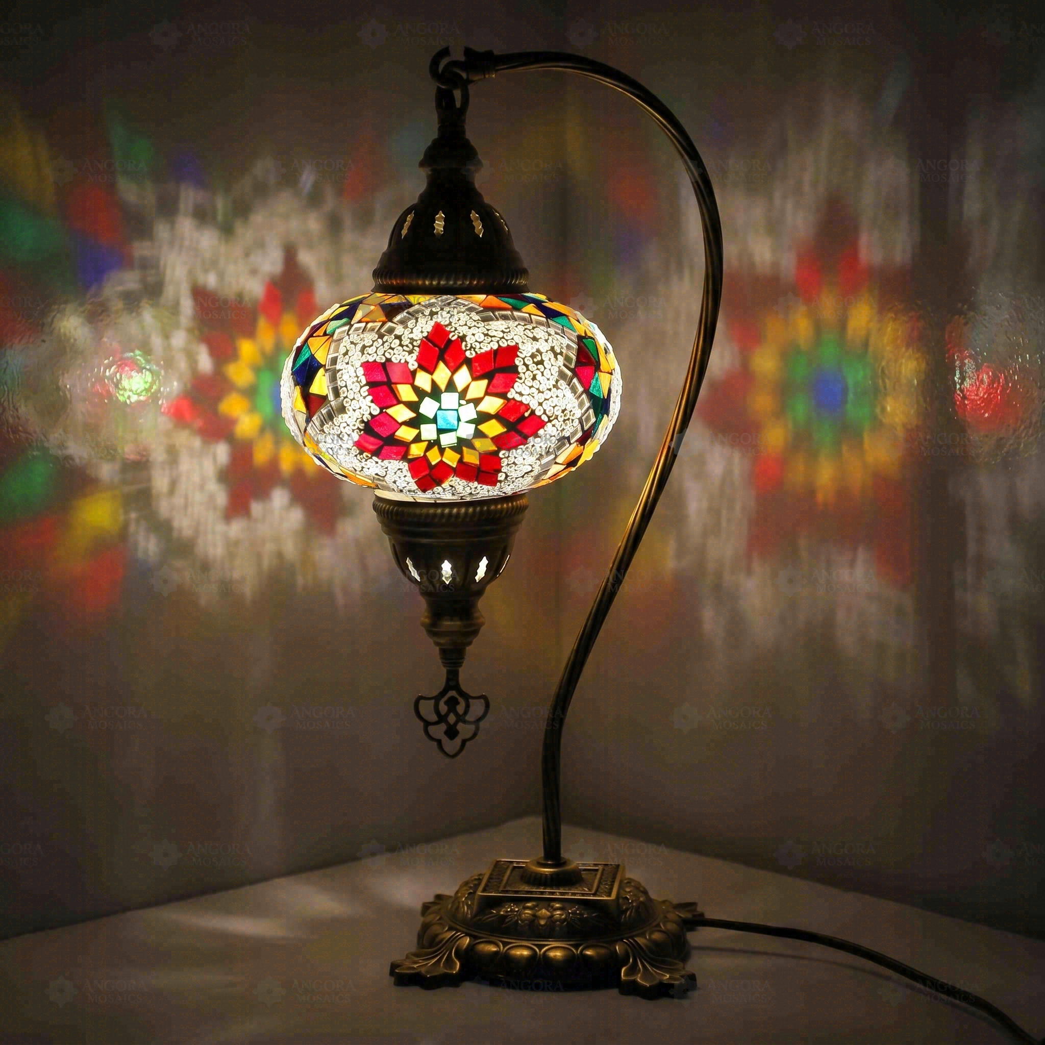 Multicolor Turkish mosaic table lamp illuminated, showing colorful light projection (ENV DVN3007)
