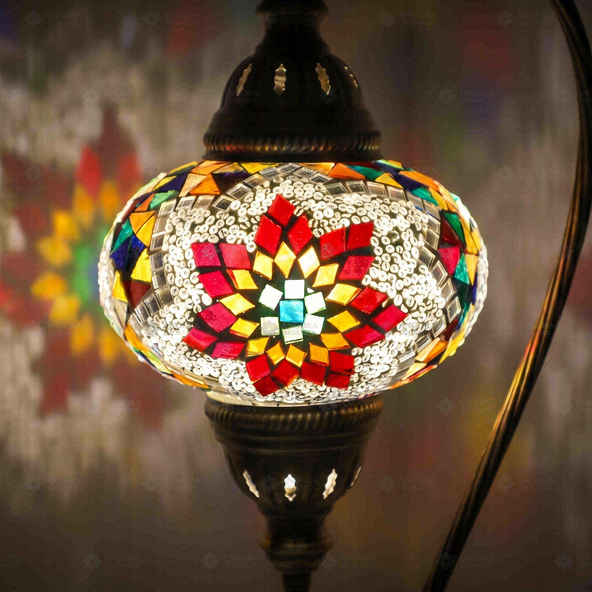 Lit close-up of mosaic glass globe — Multicolor table lamp glowing (ENV DVN3007)