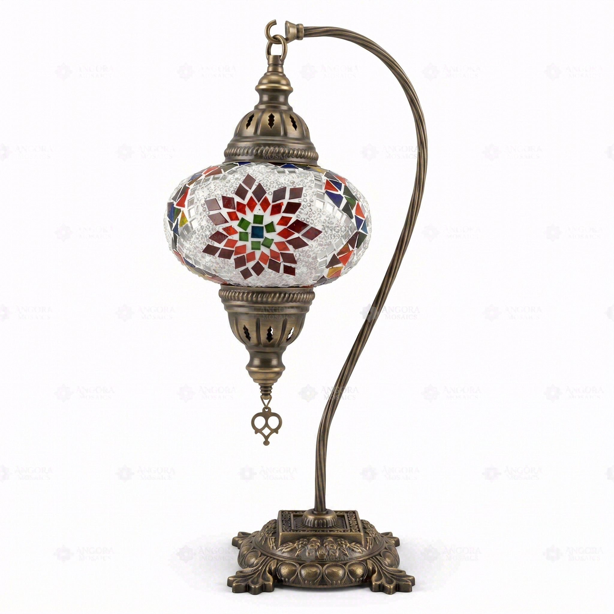 Full view of handmade Multicolor multicolor jewel Turkish mosaic table lamp on white background (ENV DVN3007)