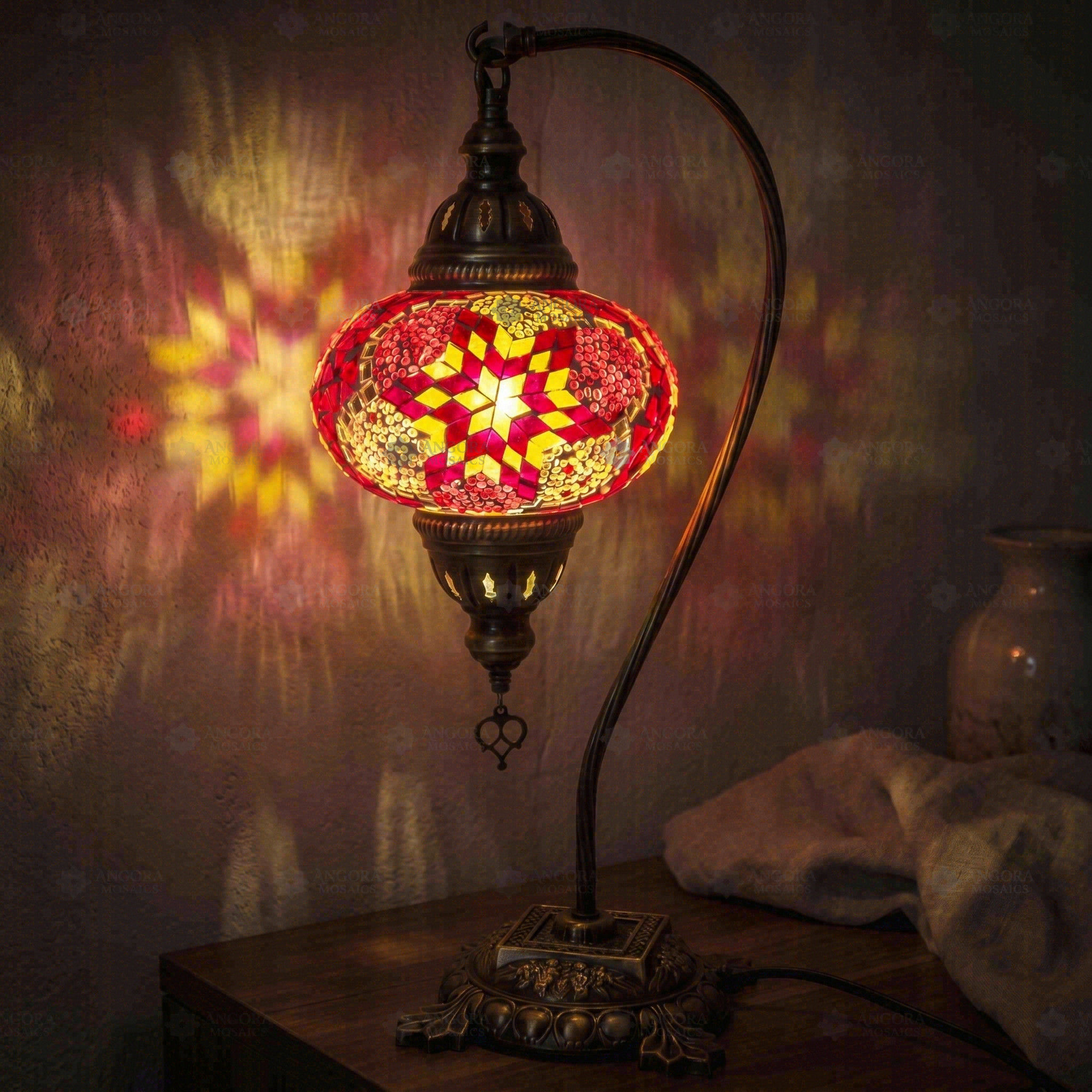 Pink pink rose Turkish mosaic table lamp in styled room — handmade Moroccan table lamp (ENV DVN3008)