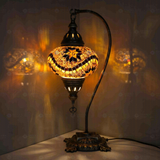 Amber Turkish mosaic table lamp illuminated, showing colorful light projection (ENV DVN3009)