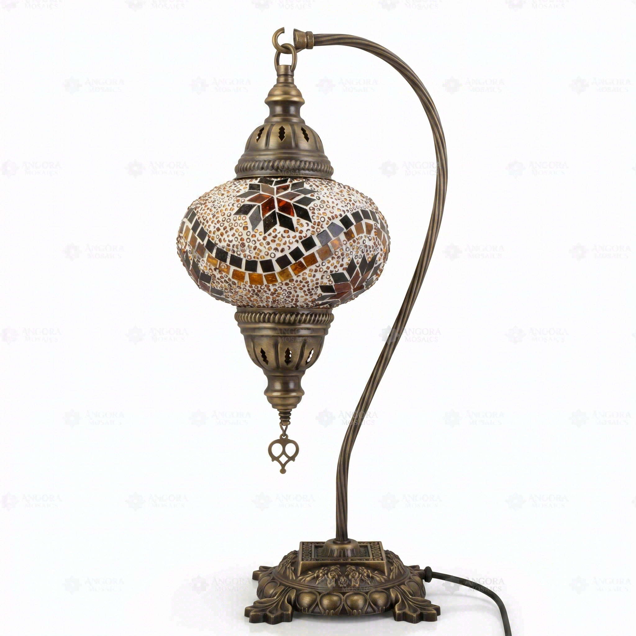 Full view of handmade Amber warm amber Turkish mosaic table lamp on white background (ENV DVN3009)