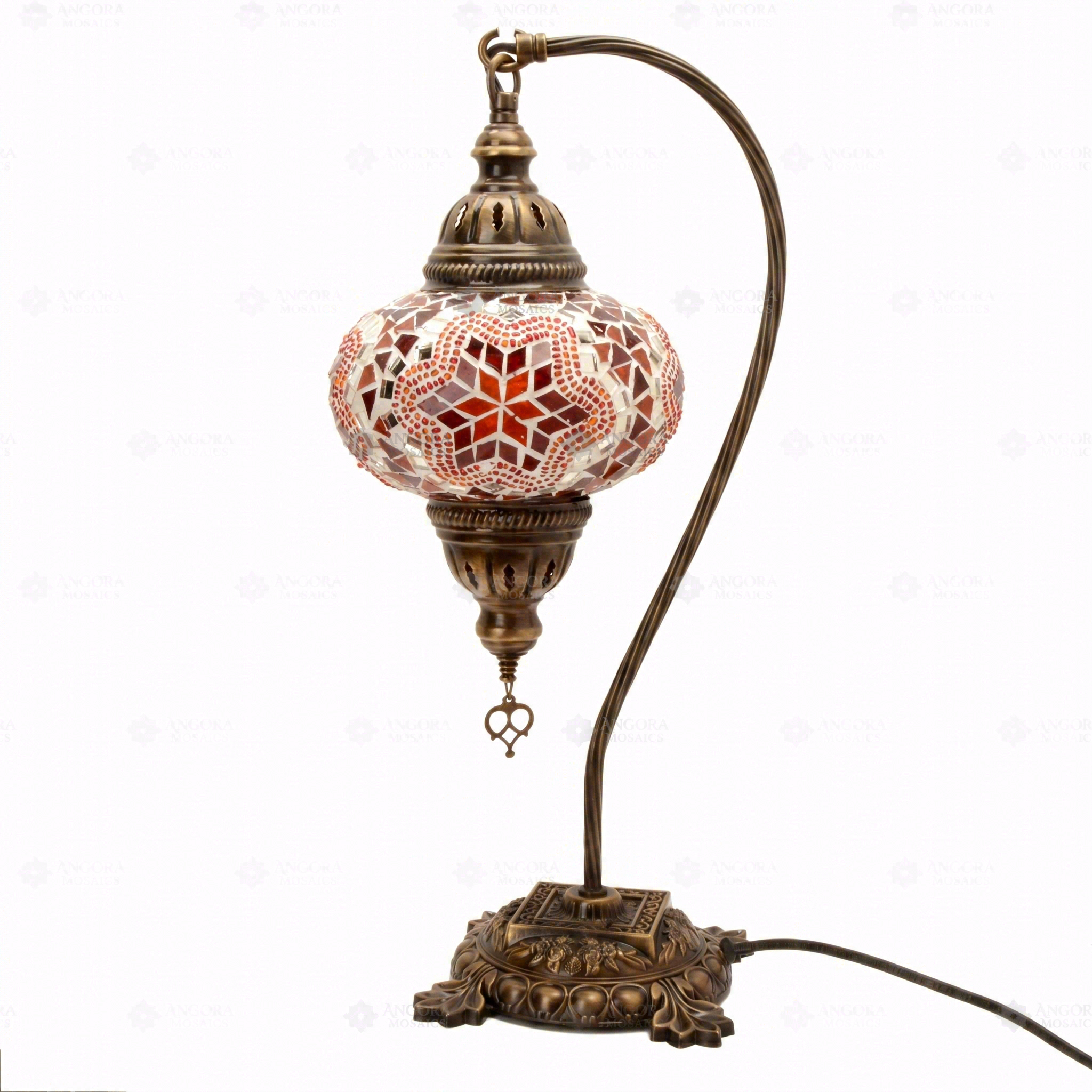 Full view of handmade Amber warm amber Turkish mosaic table lamp on white background (ENV DVN3011)