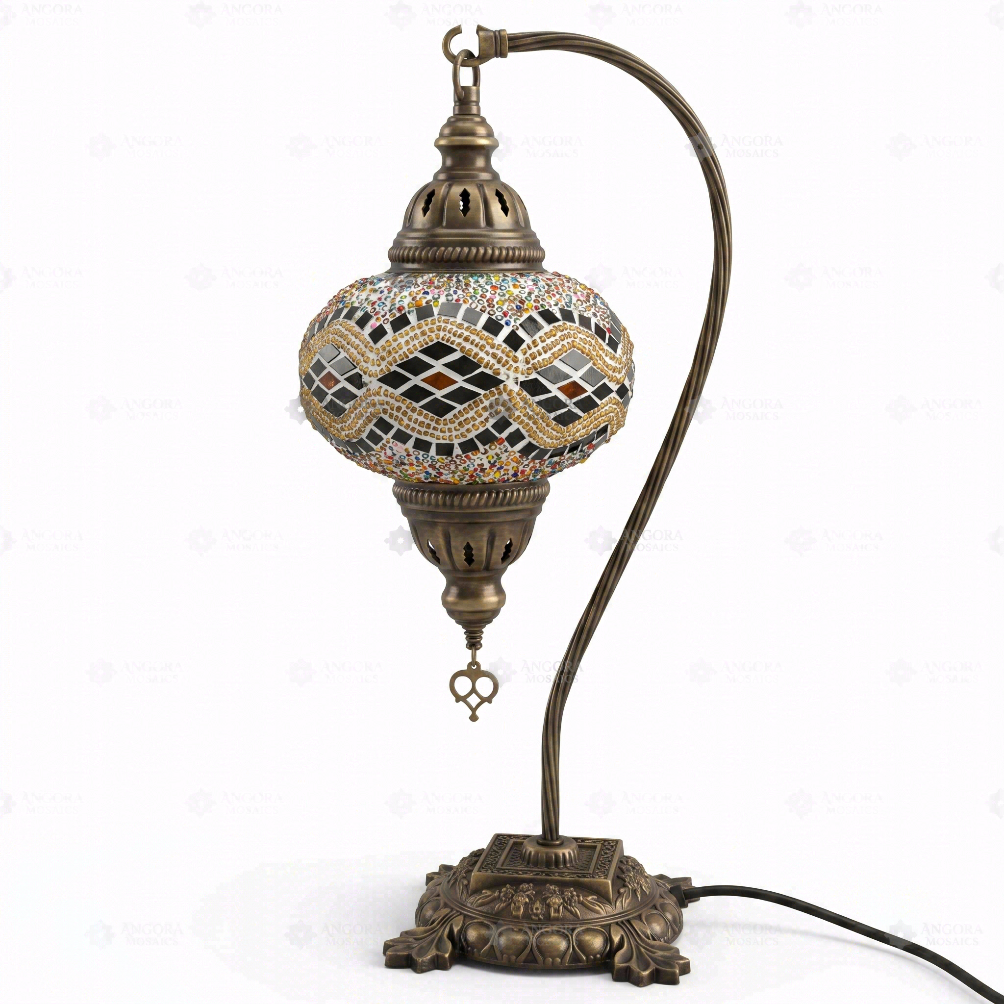 Full view of handmade Warm Tones mixed warm Turkish mosaic table lamp on white background (ENV DVN3013)