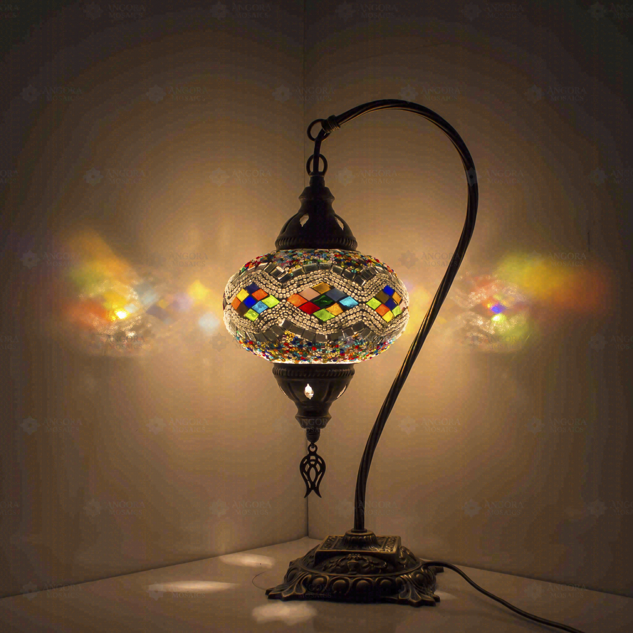 Multicolor Turkish mosaic table lamp illuminated, showing colorful light projection (ENV DVN3014)