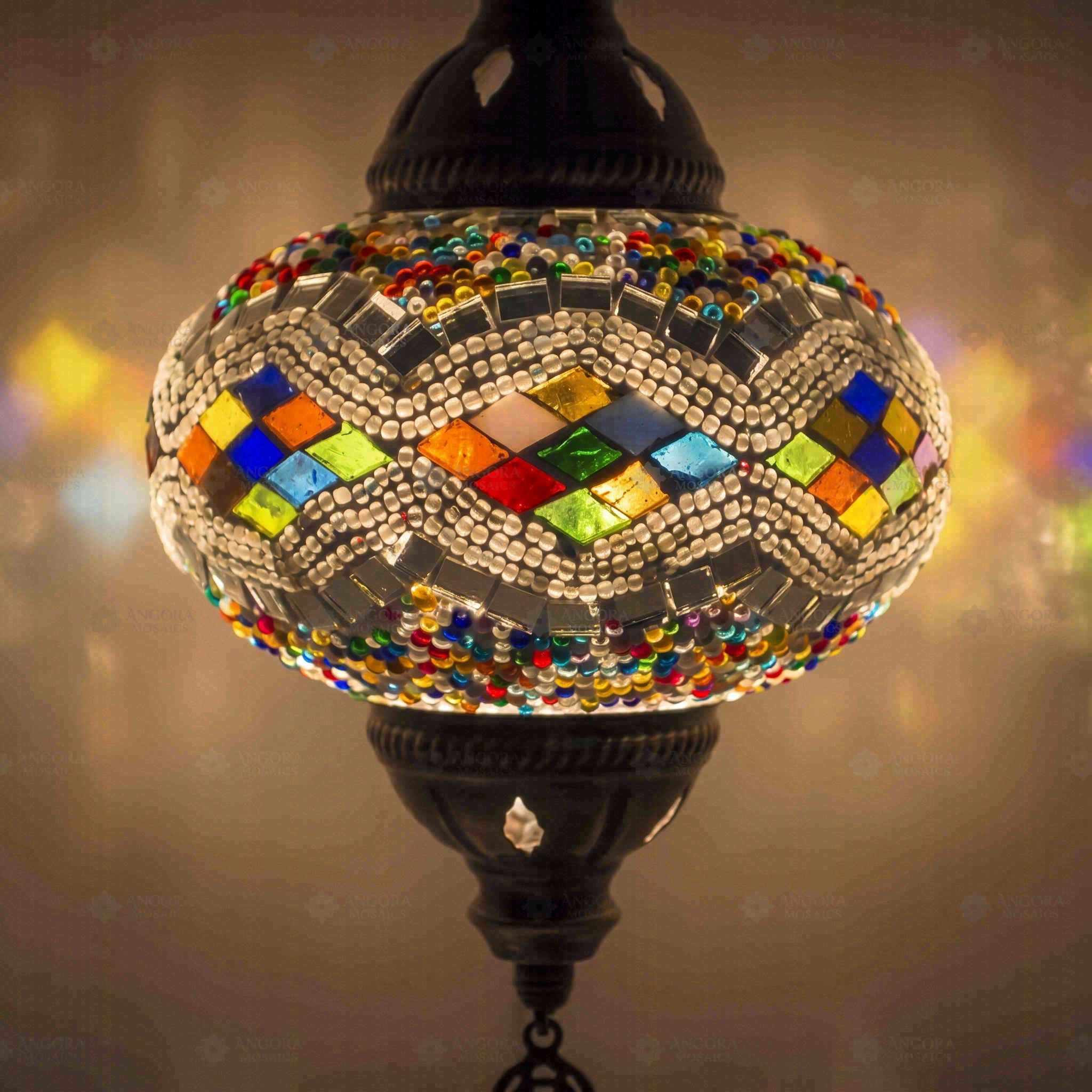 Lit close-up of mosaic glass globe — Multicolor table lamp glowing (ENV DVN3014)