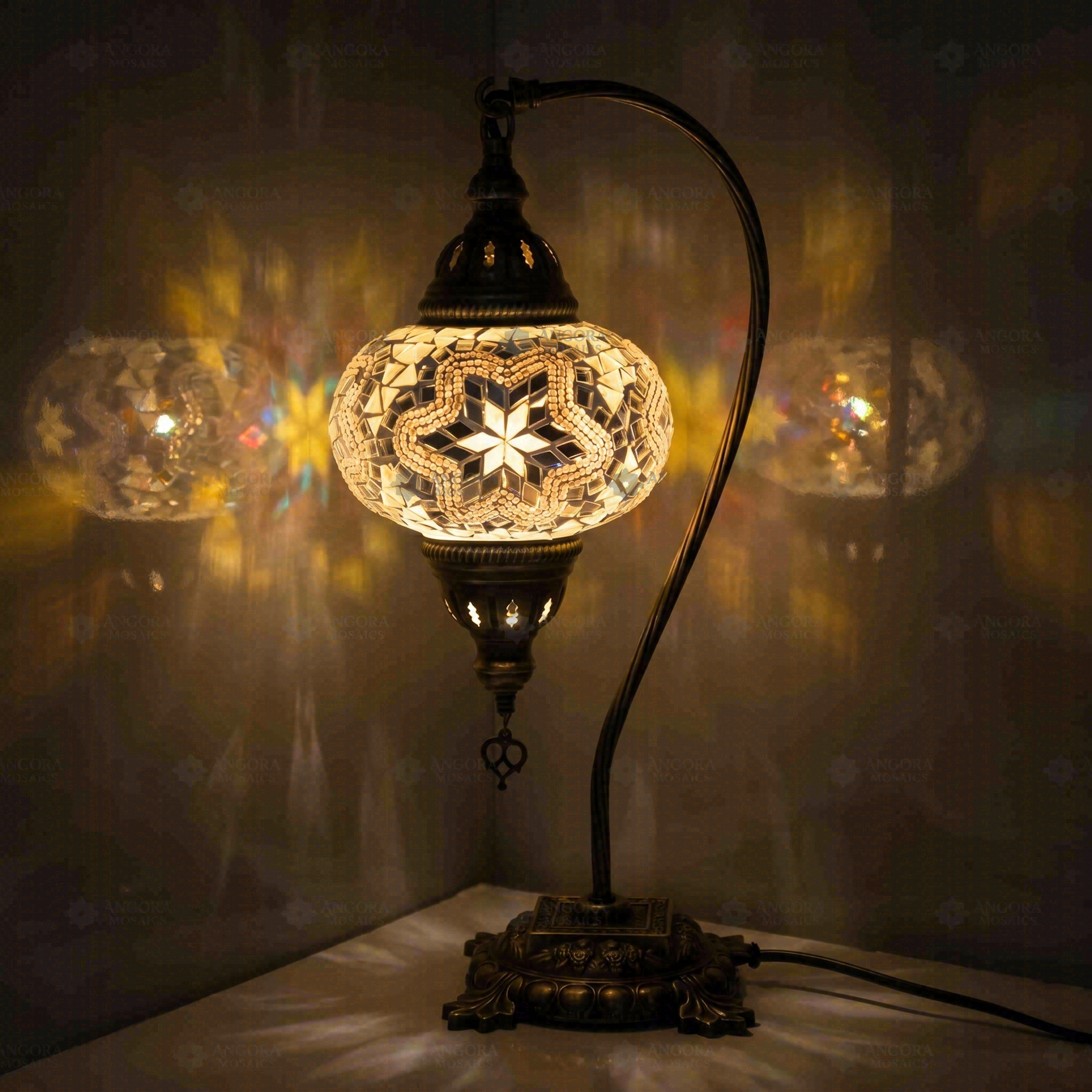 White Turkish mosaic table lamp illuminated, showing colorful light projection (ENV DVN3015)