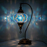 Blue Turkish mosaic table lamp illuminated, showing colorful light projection (ENV DVN3016)