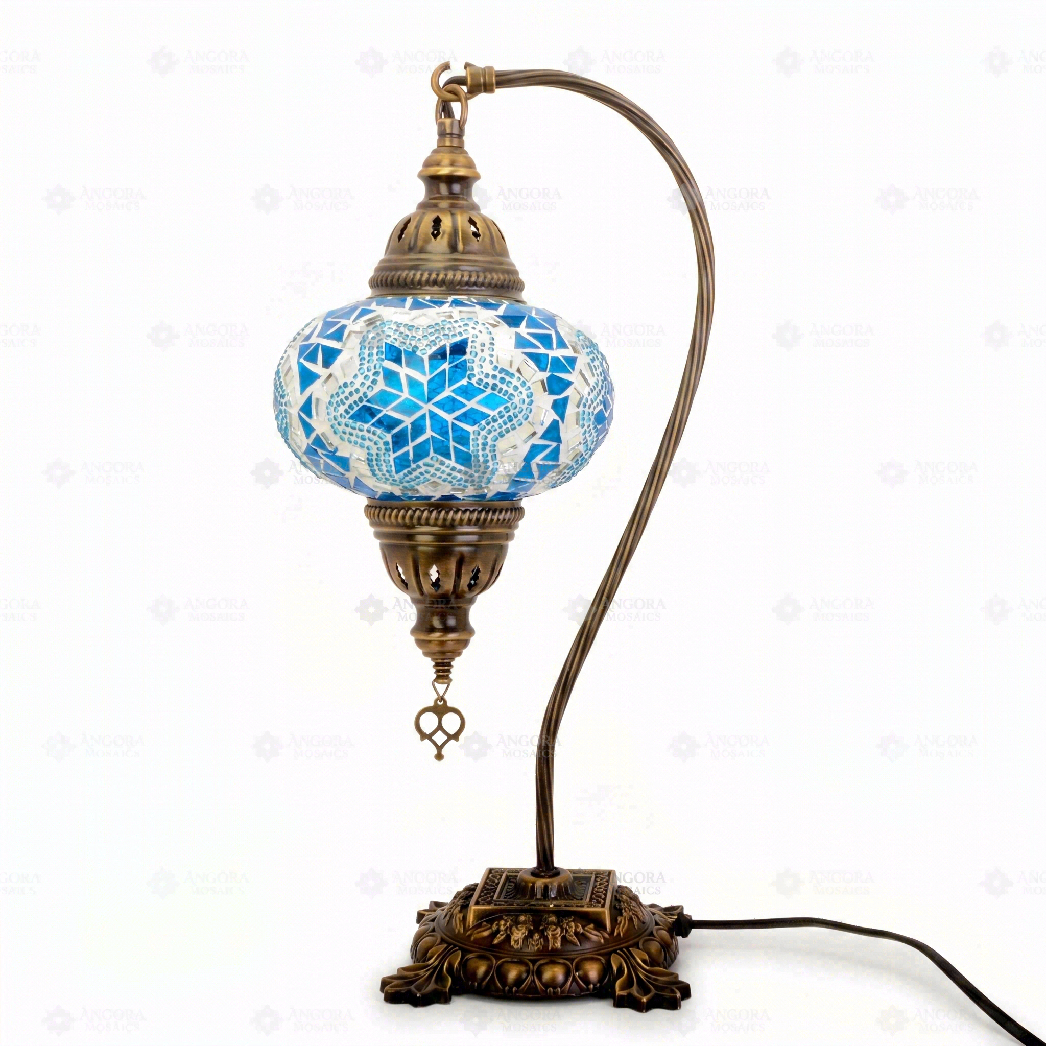 Full view of handmade Blue blue jewel Turkish mosaic table lamp on white background (ENV DVN3016)
