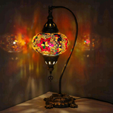 Multicolor Turkish mosaic table lamp illuminated, showing colorful light projection (ENV DVN3017)