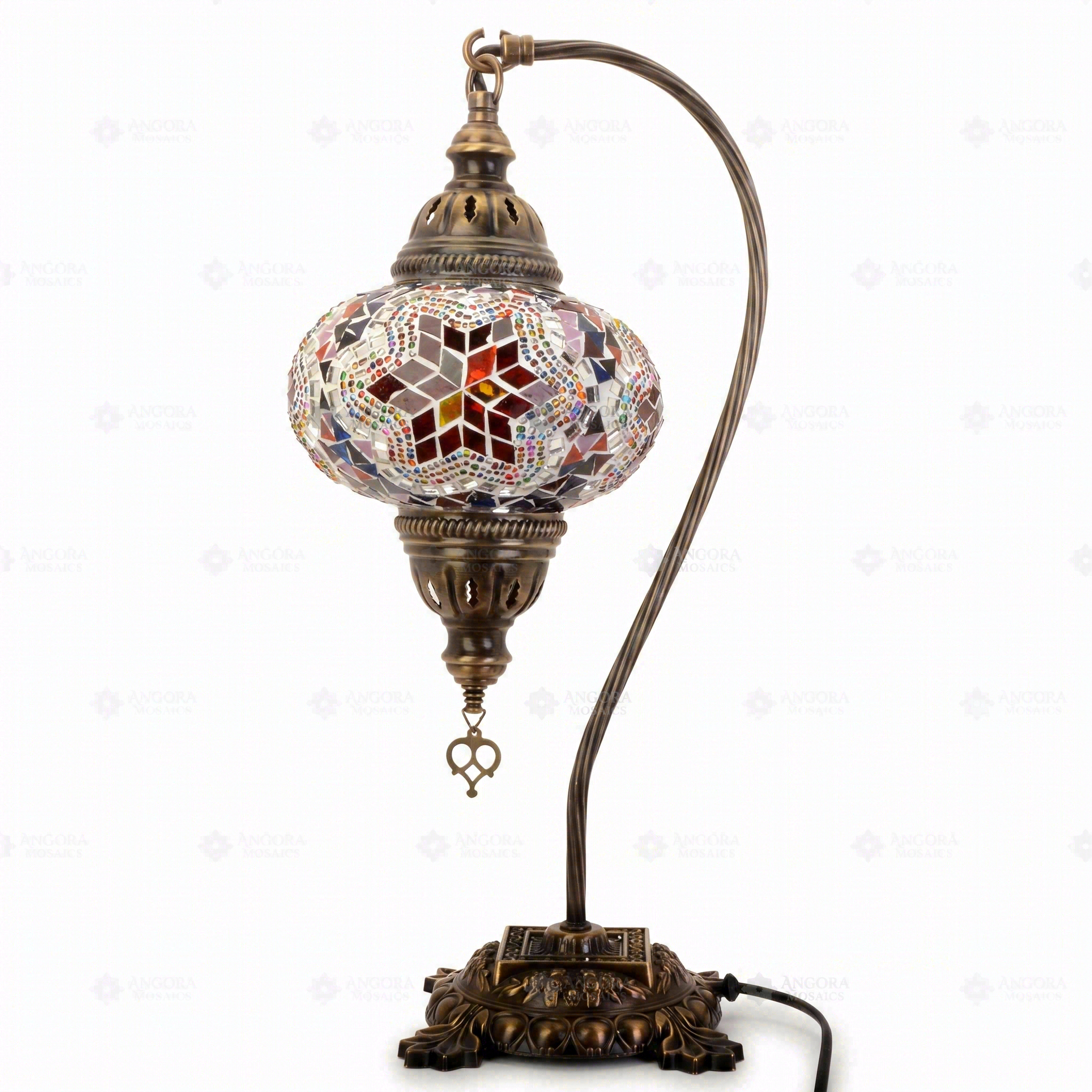 Full view of handmade Multicolor multicolor jewel Turkish mosaic table lamp on white background (ENV DVN3017)