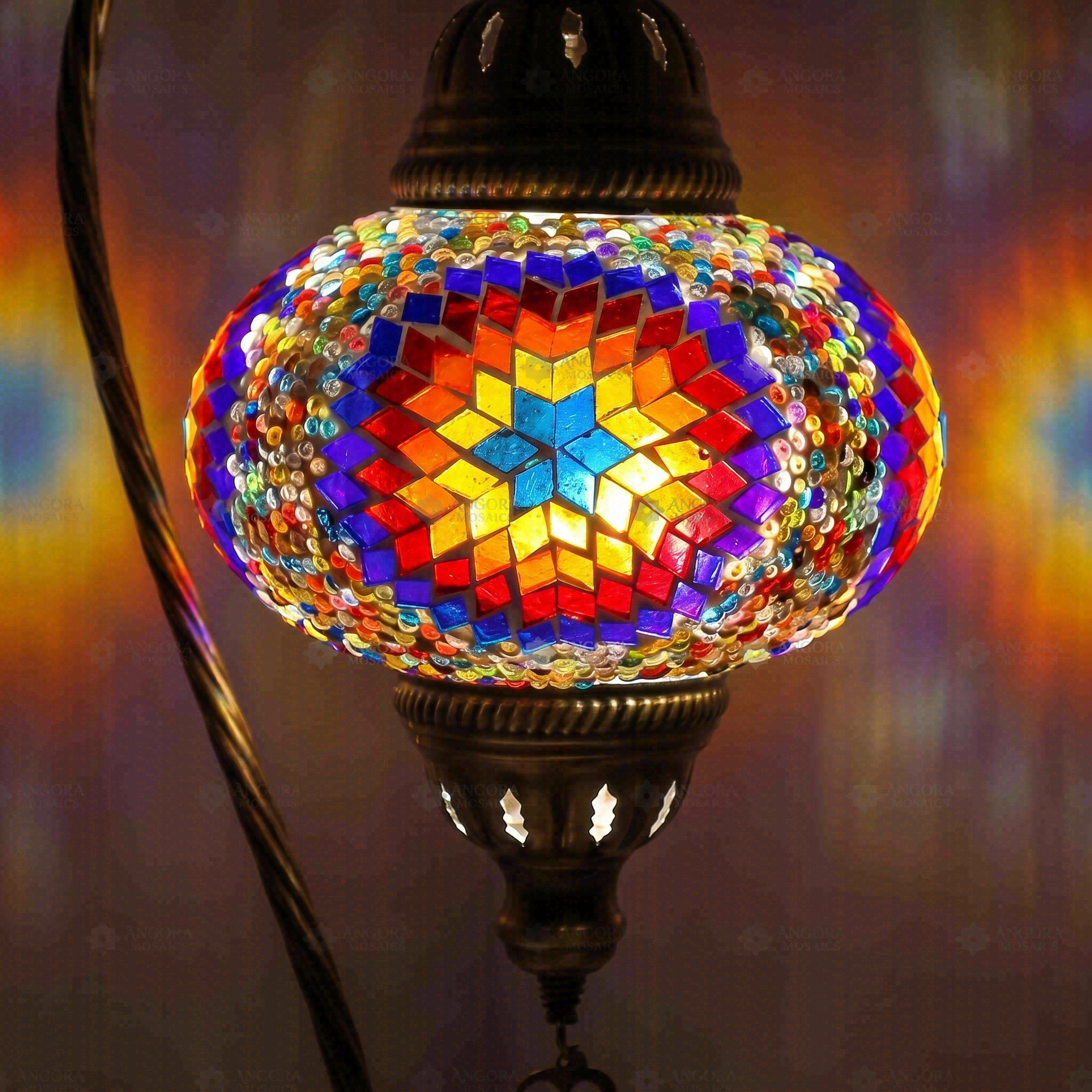 Lit close-up of mosaic glass globe — Multicolor table lamp glowing (ENV DVN3018)