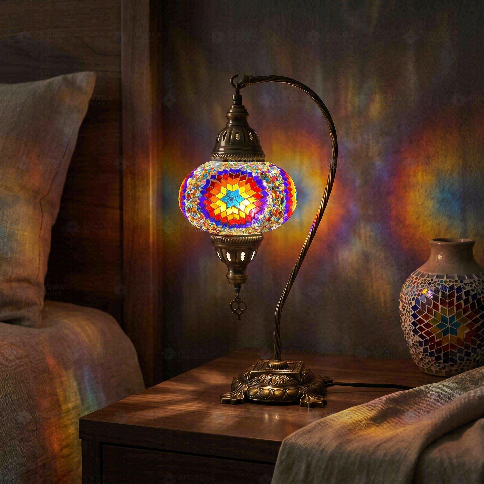Multicolor multicolor jewel Turkish mosaic table lamp in styled room — handmade Moroccan table lamp (ENV DVN3018)