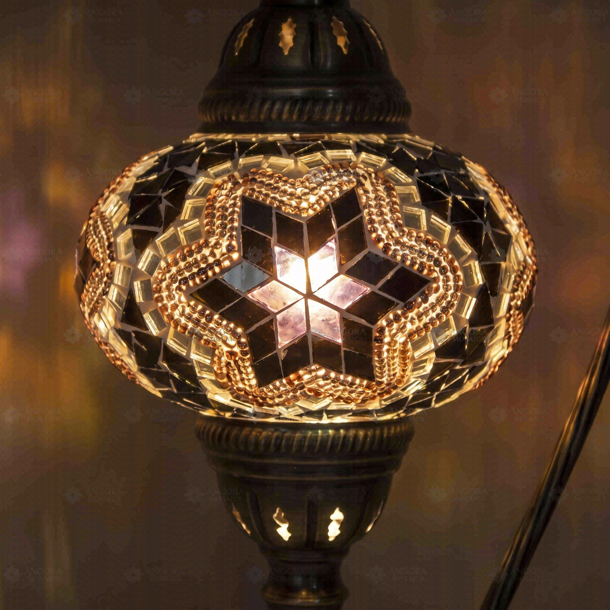 Lit close-up of mosaic glass globe — Warm Tones table lamp glowing (ENV DVN3019)