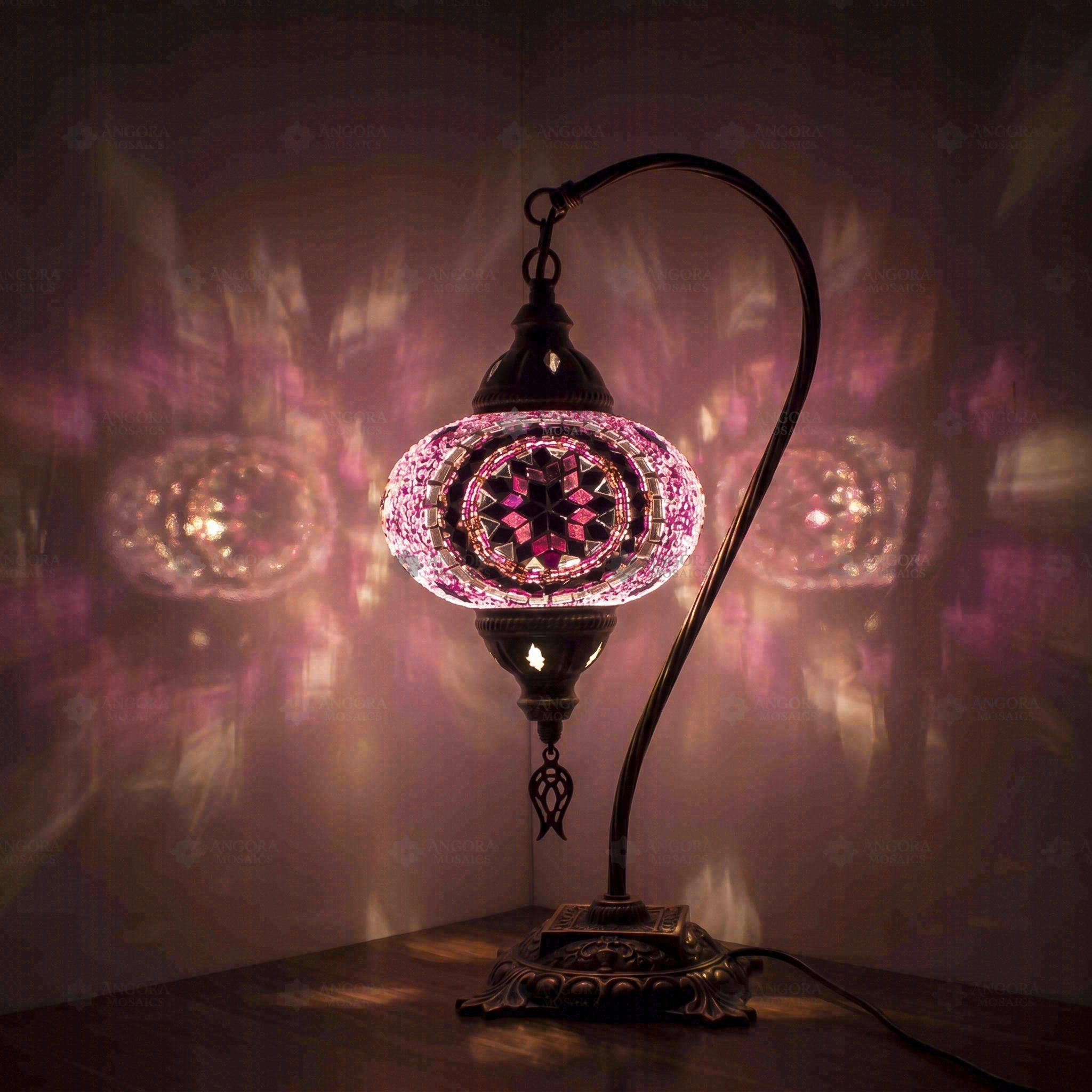 Pink Turkish mosaic table lamp illuminated, showing colorful light projection (ENV DVN3020)
