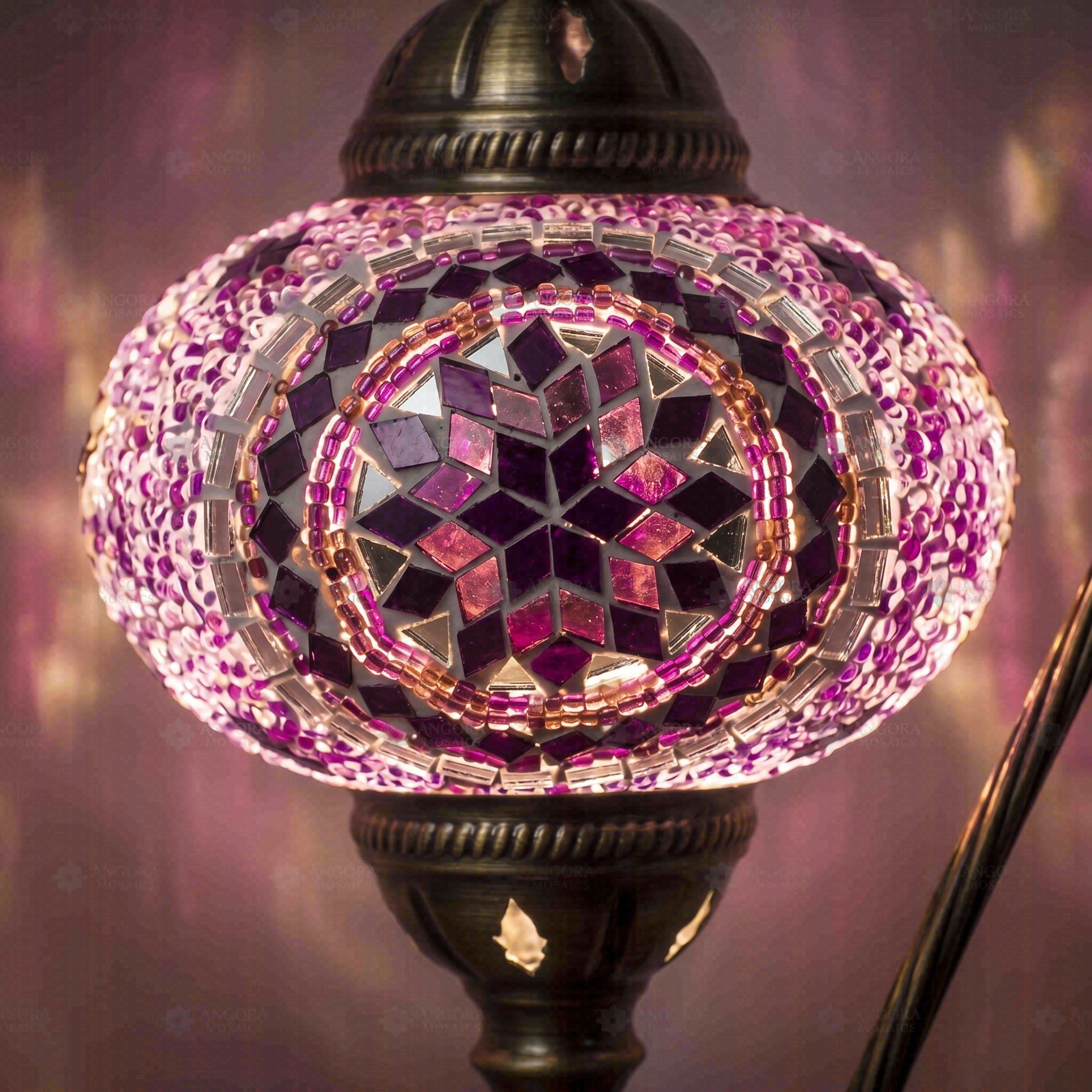 Lit close-up of mosaic glass globe — Pink table lamp glowing (ENV DVN3020)