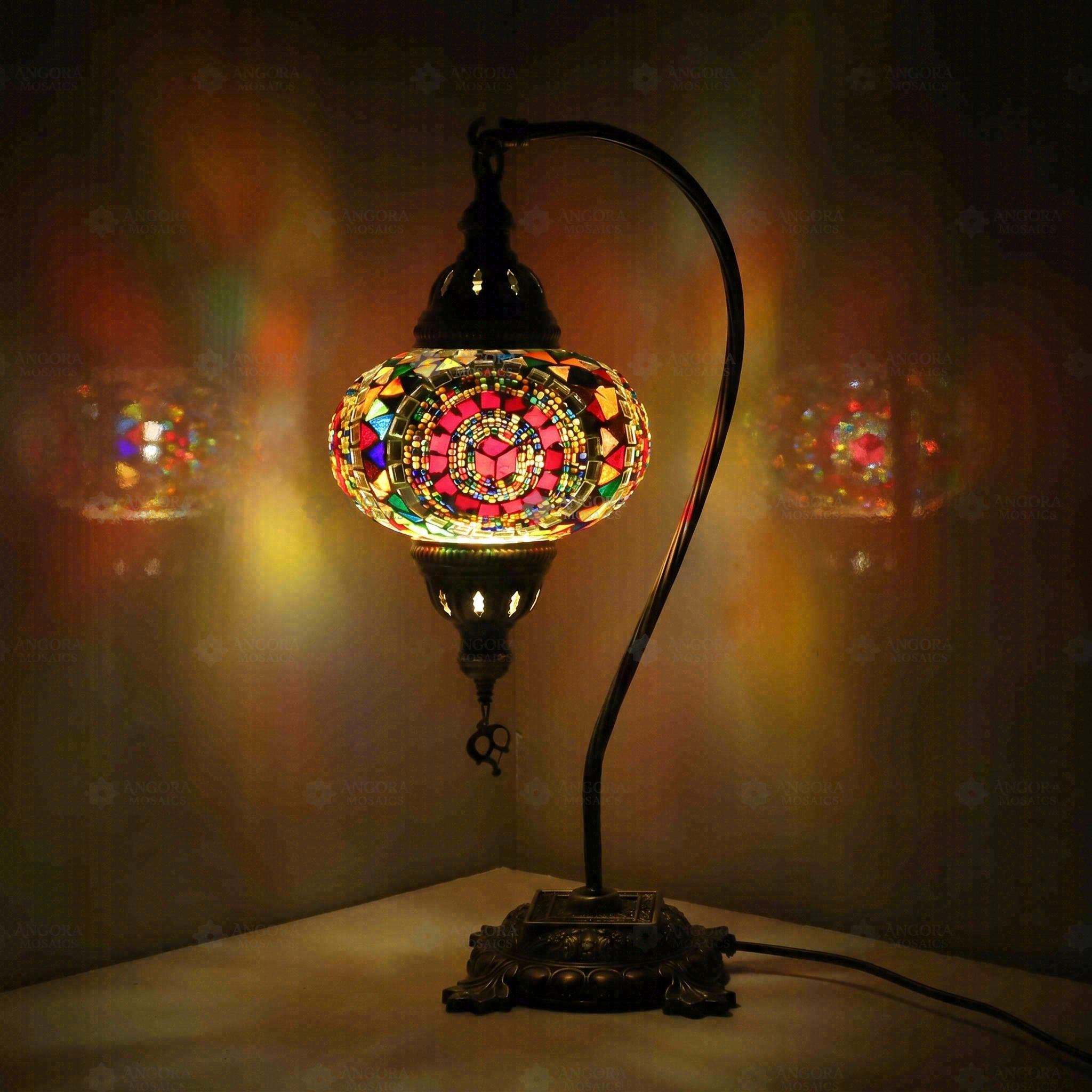 Multicolor Turkish mosaic table lamp illuminated, showing colorful light projection (ENV DVN3021)