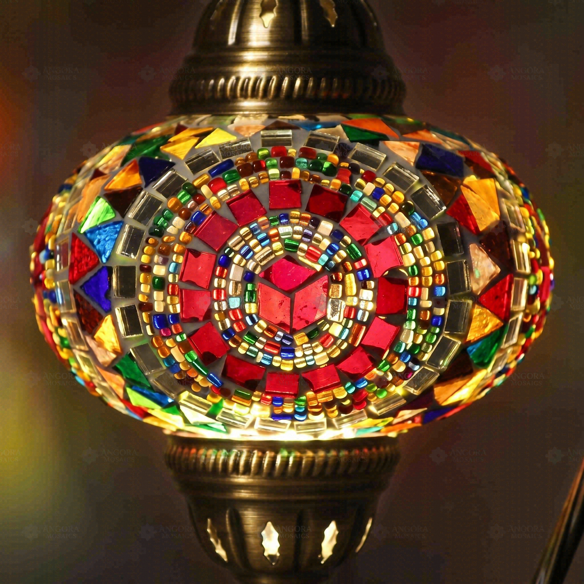 Lit close-up of mosaic glass globe — Multicolor table lamp glowing (ENV DVN3021)