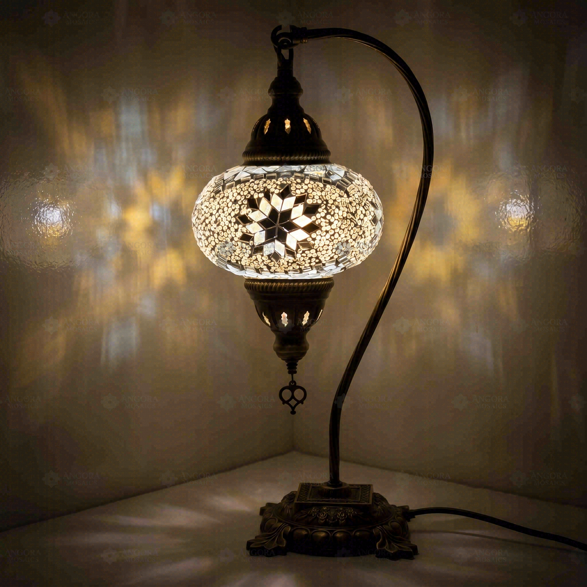 White Turkish mosaic table lamp illuminated, showing colorful light projection (ENV DVN3022)