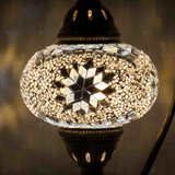 Lit close-up of mosaic glass globe — White table lamp glowing (ENV DVN3022)