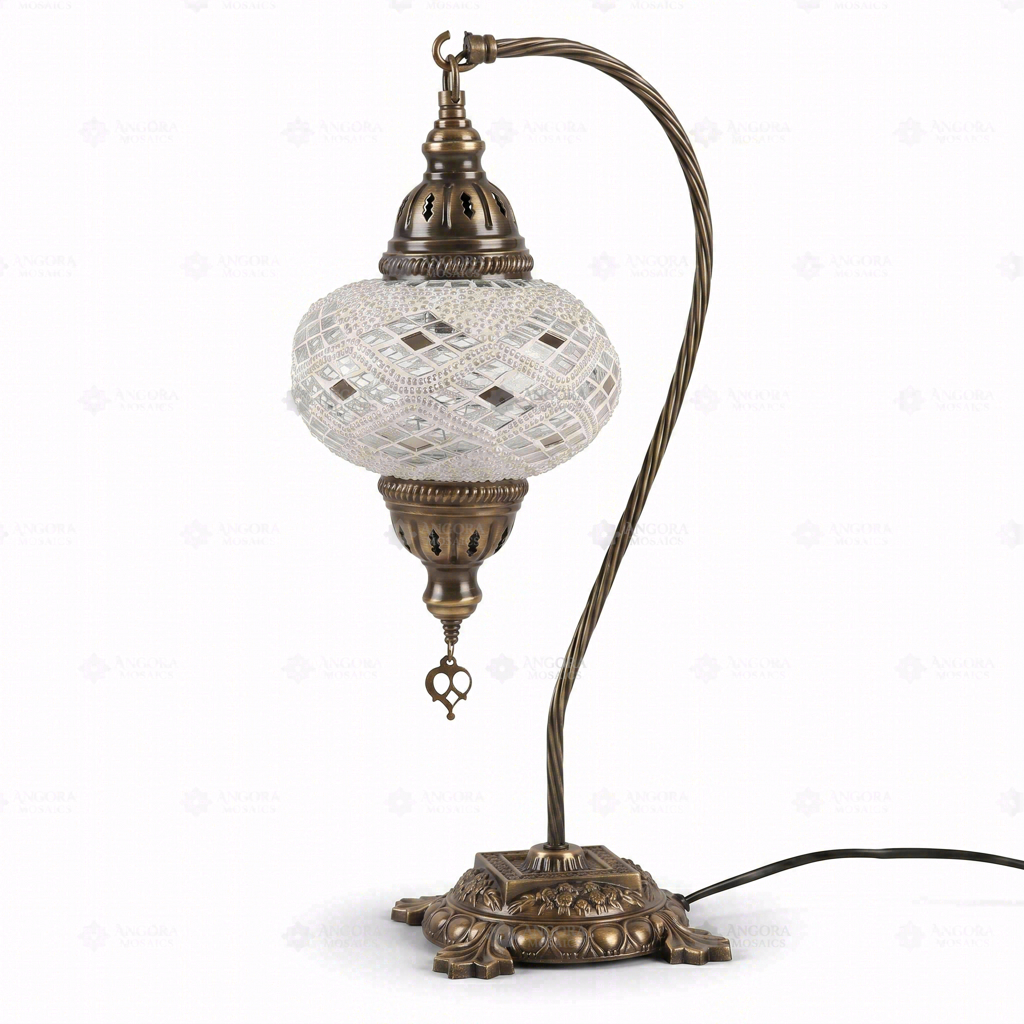 Full view of handmade White white glow Turkish mosaic table lamp on white background (ENV DVN3023)