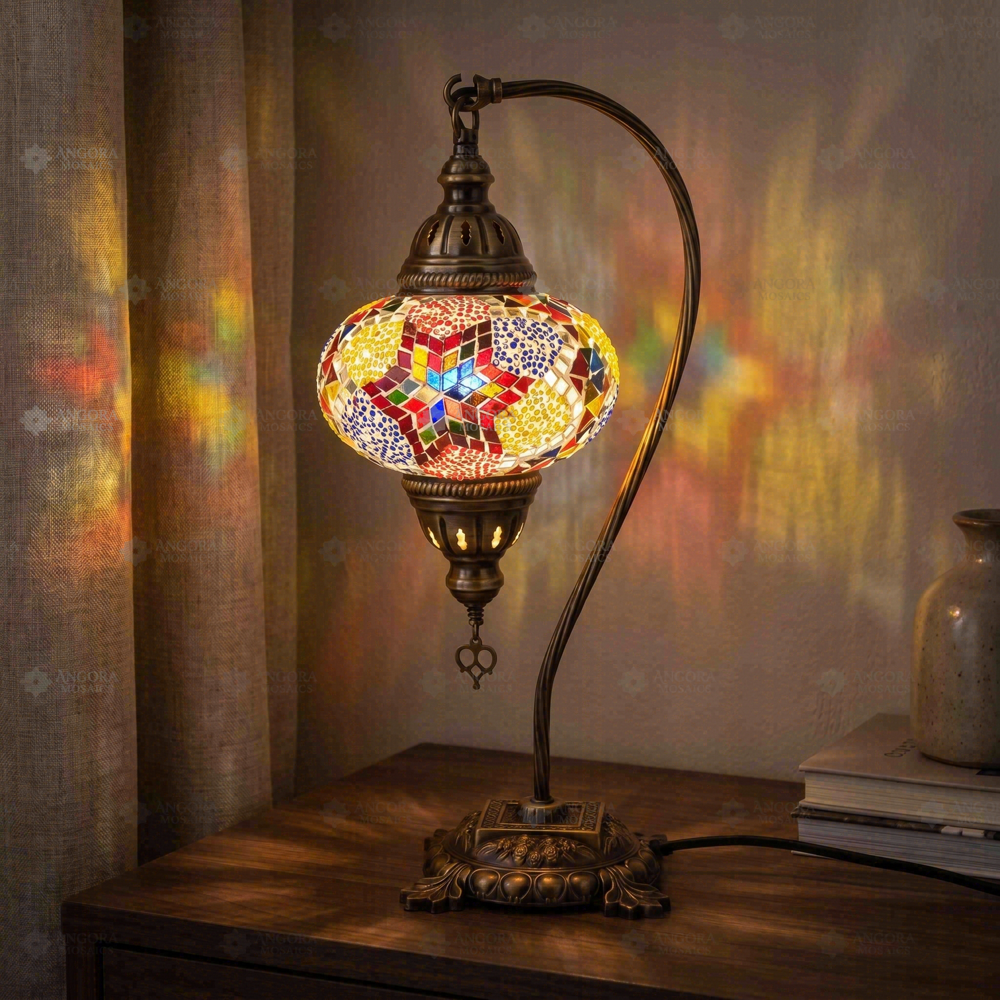 Multicolor multicolor jewel Turkish mosaic table lamp in styled room — handmade Moroccan table lamp (ENV DVN3024)