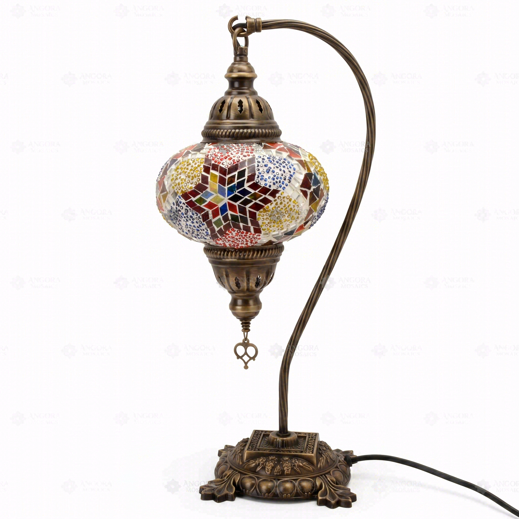 Full view of handmade Multicolor multicolor jewel Turkish mosaic table lamp on white background (ENV DVN3024)