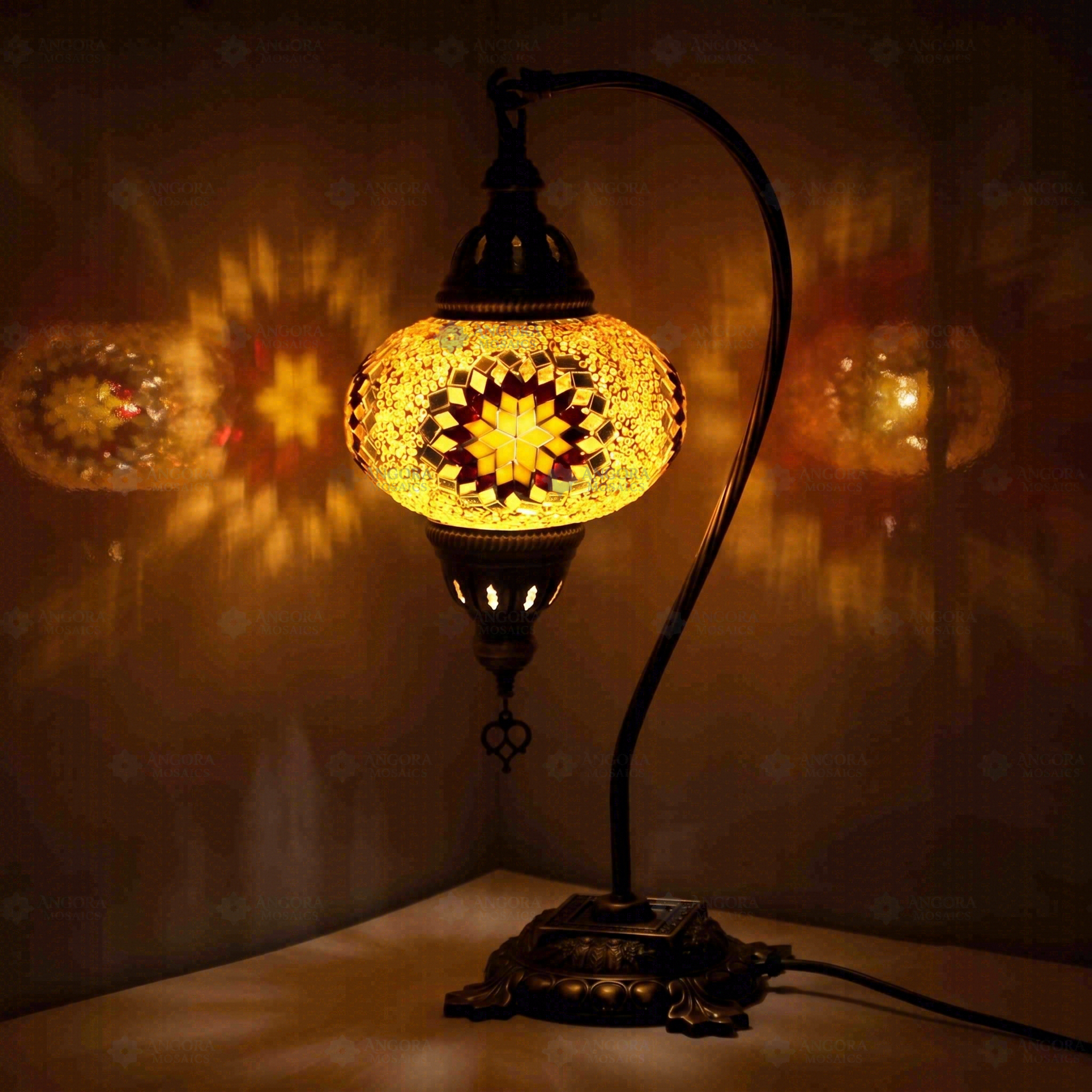 Amber Turkish mosaic table lamp illuminated, showing colorful light projection (ENV DVN3026)