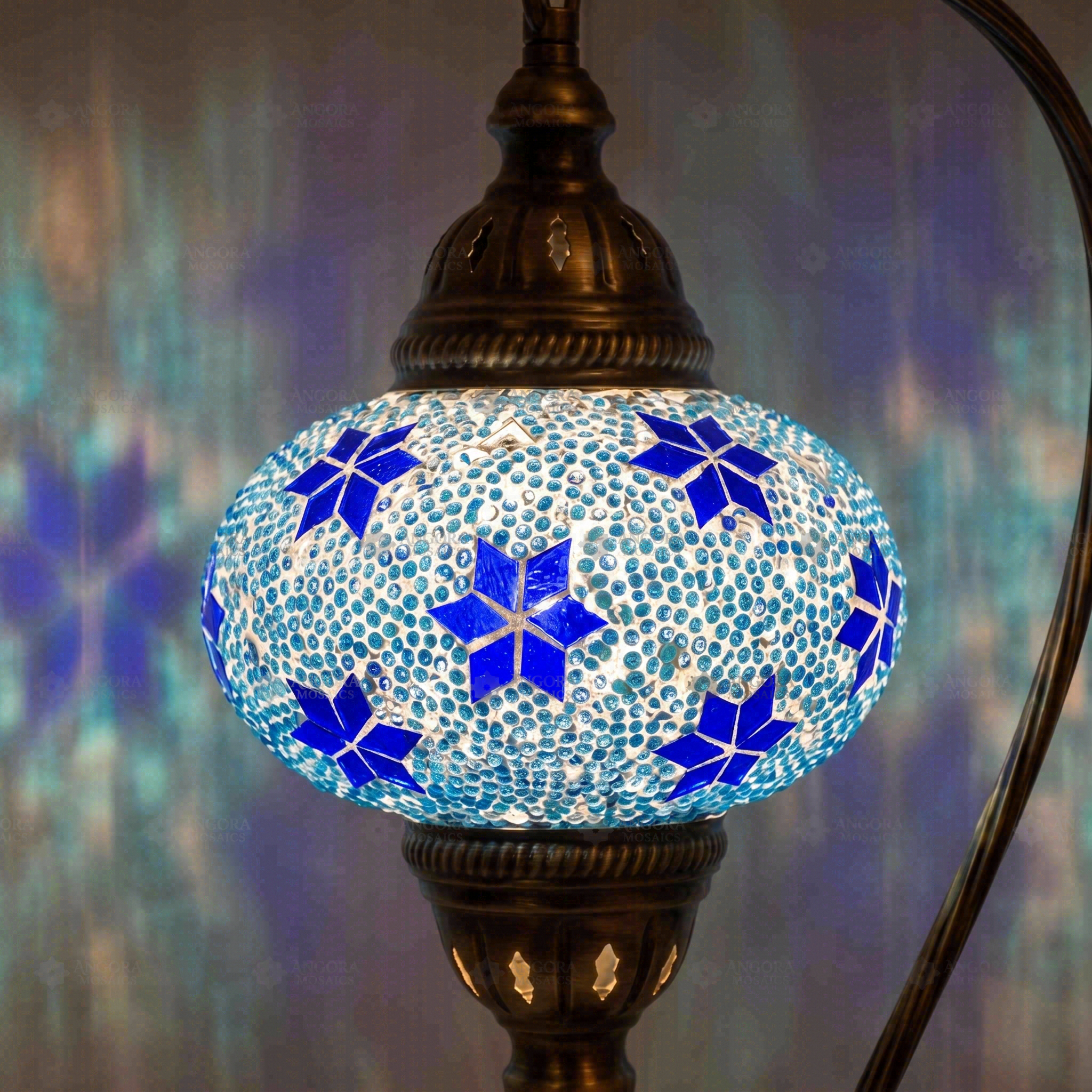 Lit close-up of mosaic glass globe — Blue table lamp glowing (ENV DVN3027)
