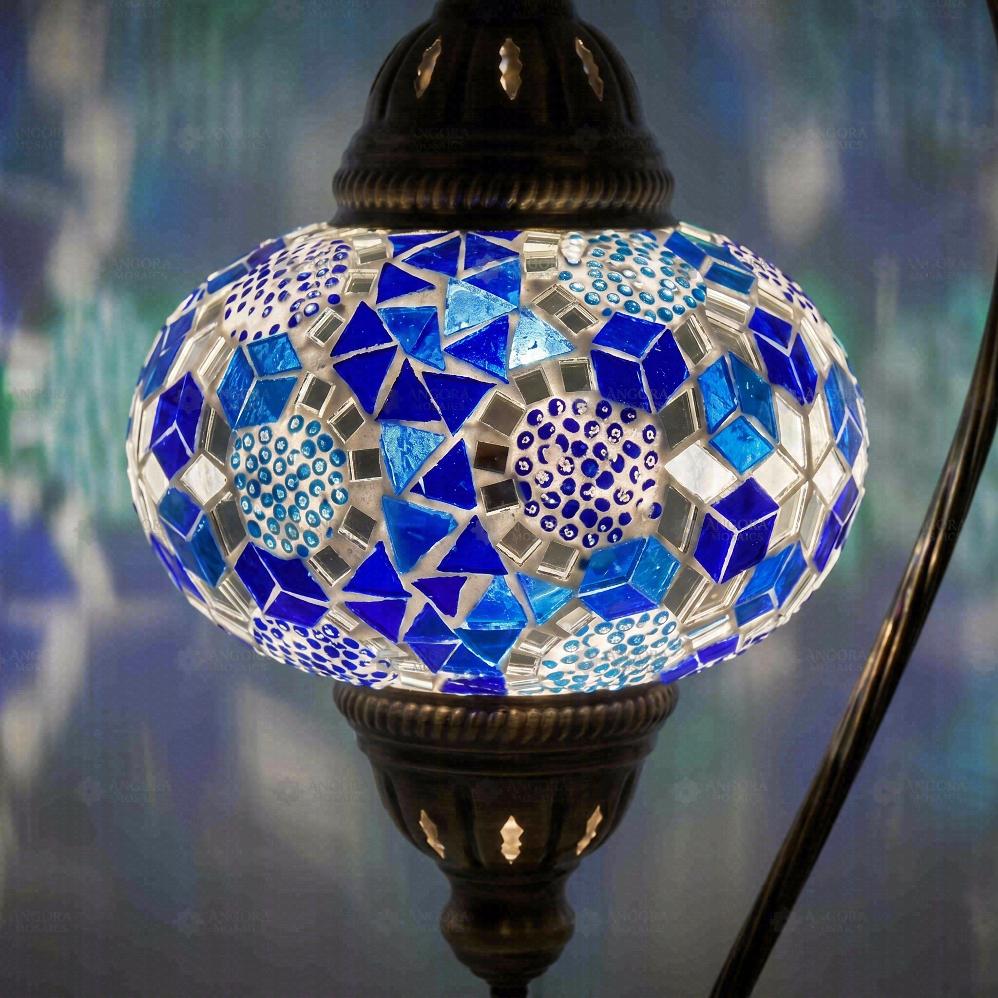 Lit close-up of mosaic glass globe — Blue table lamp glowing (ENV DVN3028)
