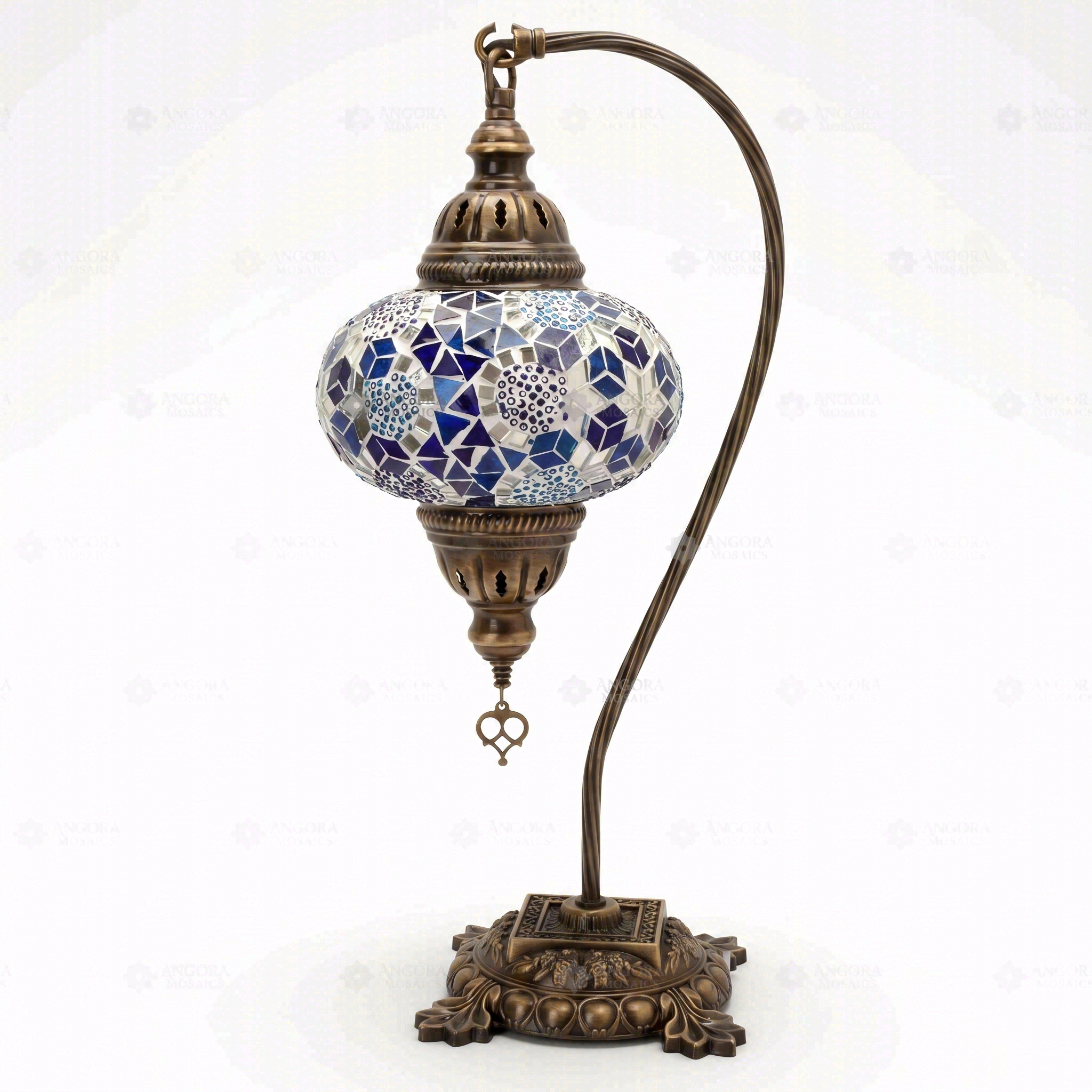 Full view of handmade Blue blue jewel Turkish mosaic table lamp on white background (ENV DVN3028)