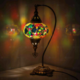 Multicolor Turkish mosaic table lamp illuminated, showing colorful light projection (ENV DVN3029)
