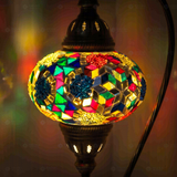 Lit close-up of mosaic glass globe — Multicolor table lamp glowing (ENV DVN3029)