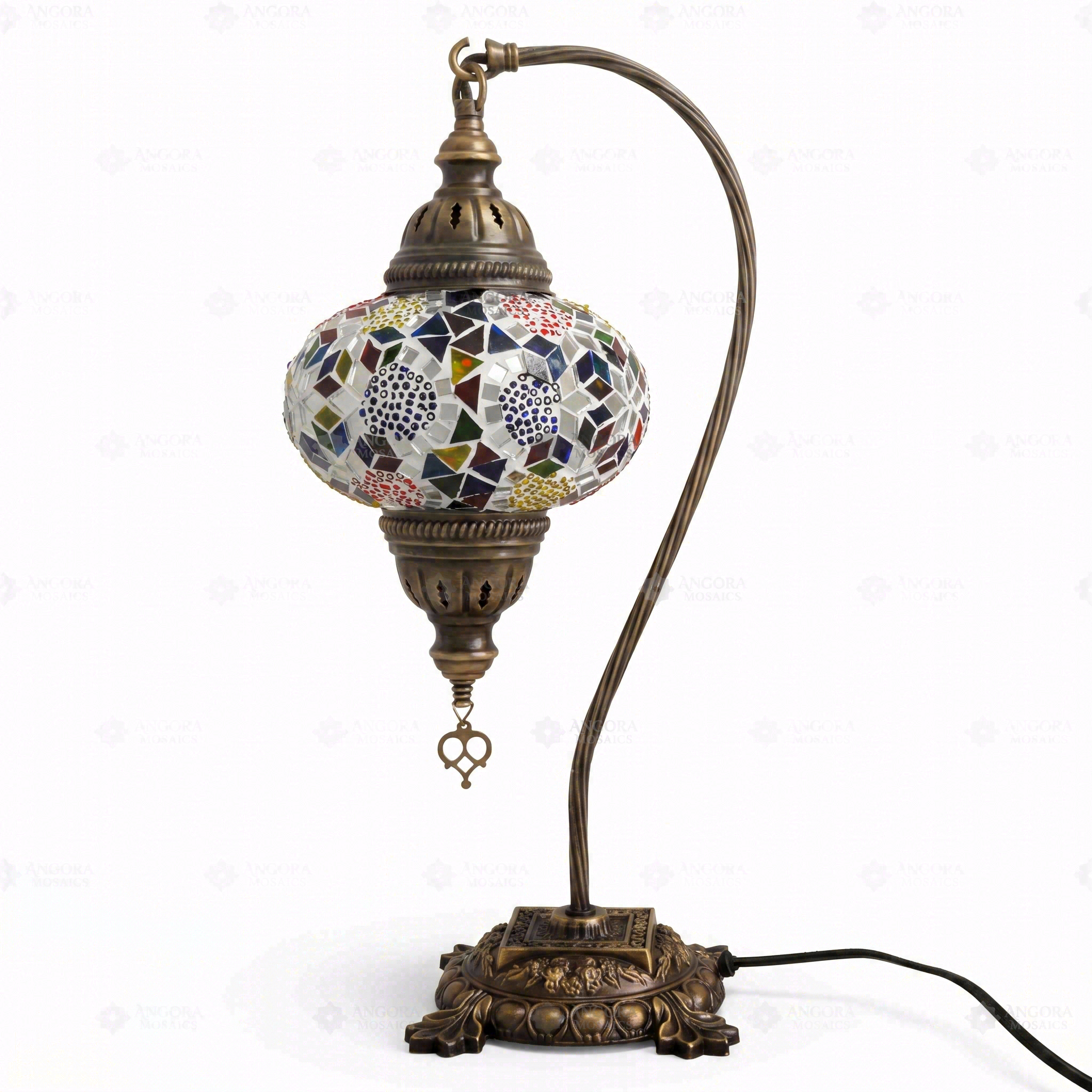 Full view of handmade Multicolor multicolor jewel Turkish mosaic table lamp on white background (ENV DVN3029)