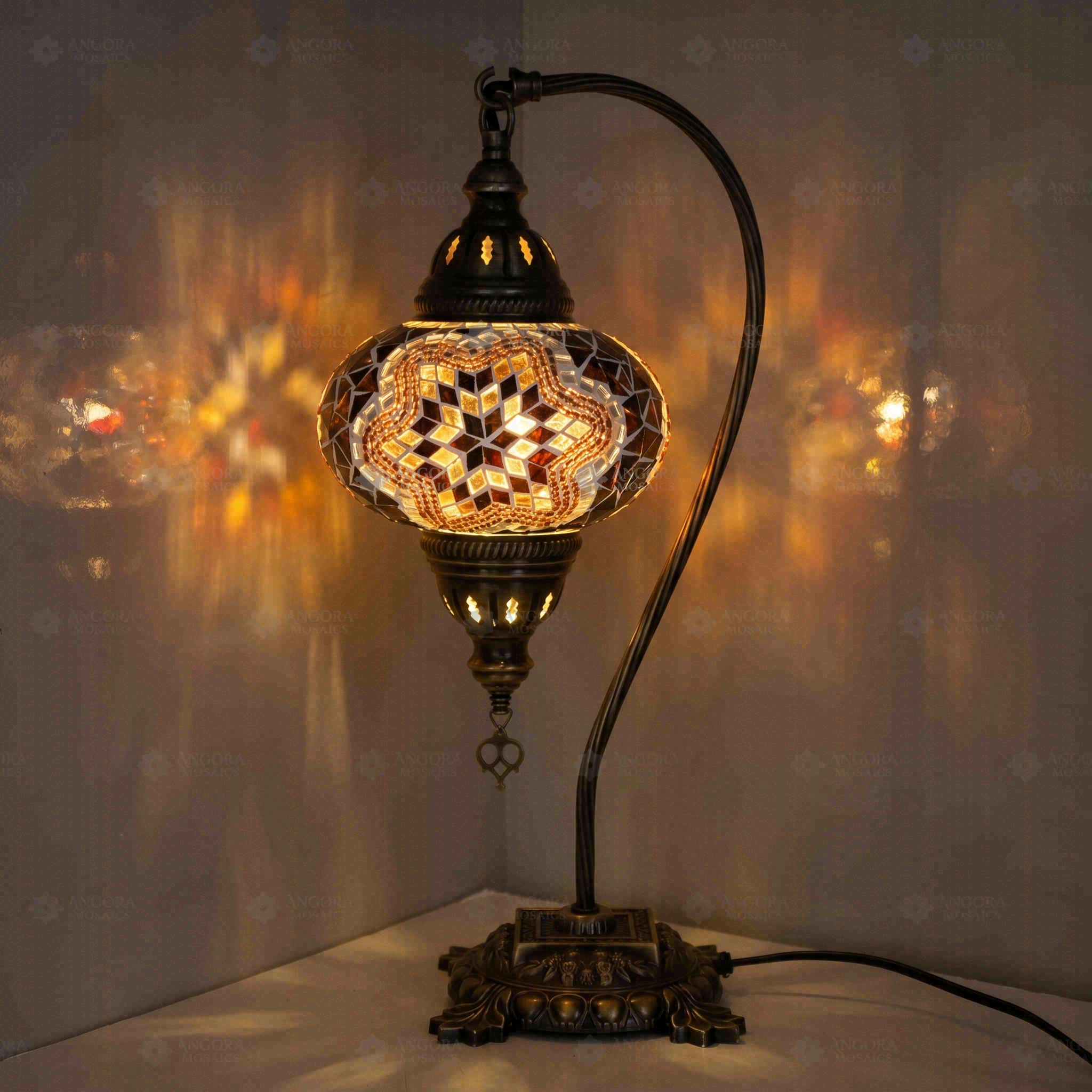 Warm Tones Turkish mosaic table lamp illuminated, showing colorful light projection (ENV DVN3031)