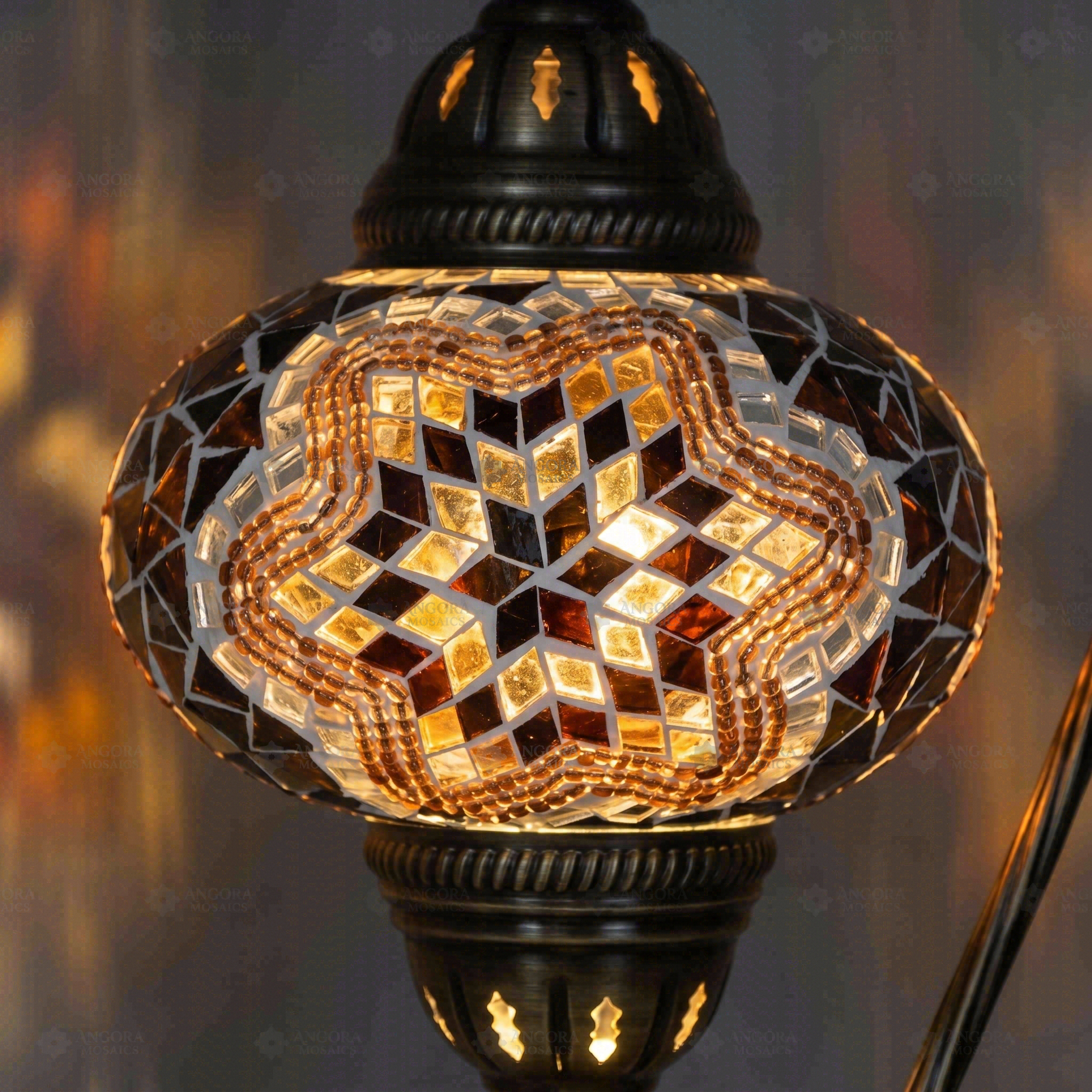 Lit close-up of mosaic glass globe — Warm Tones table lamp glowing (ENV DVN3031)