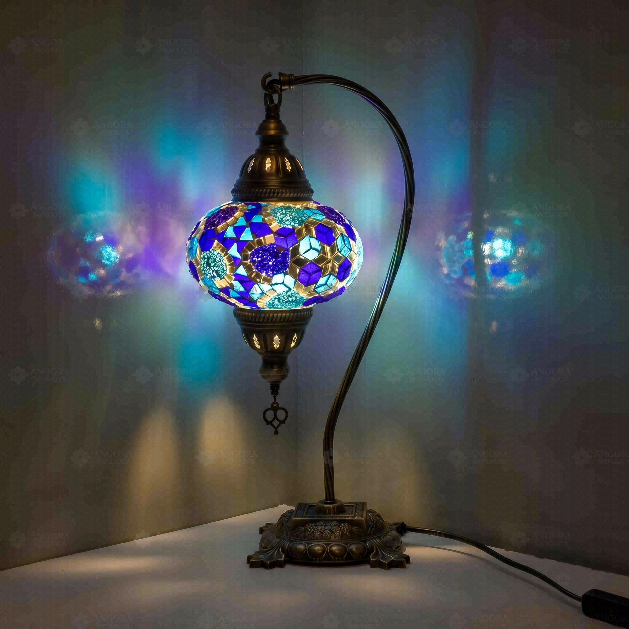 Blue Turkish mosaic table lamp illuminated, showing colorful light projection (ENV DVN3032)