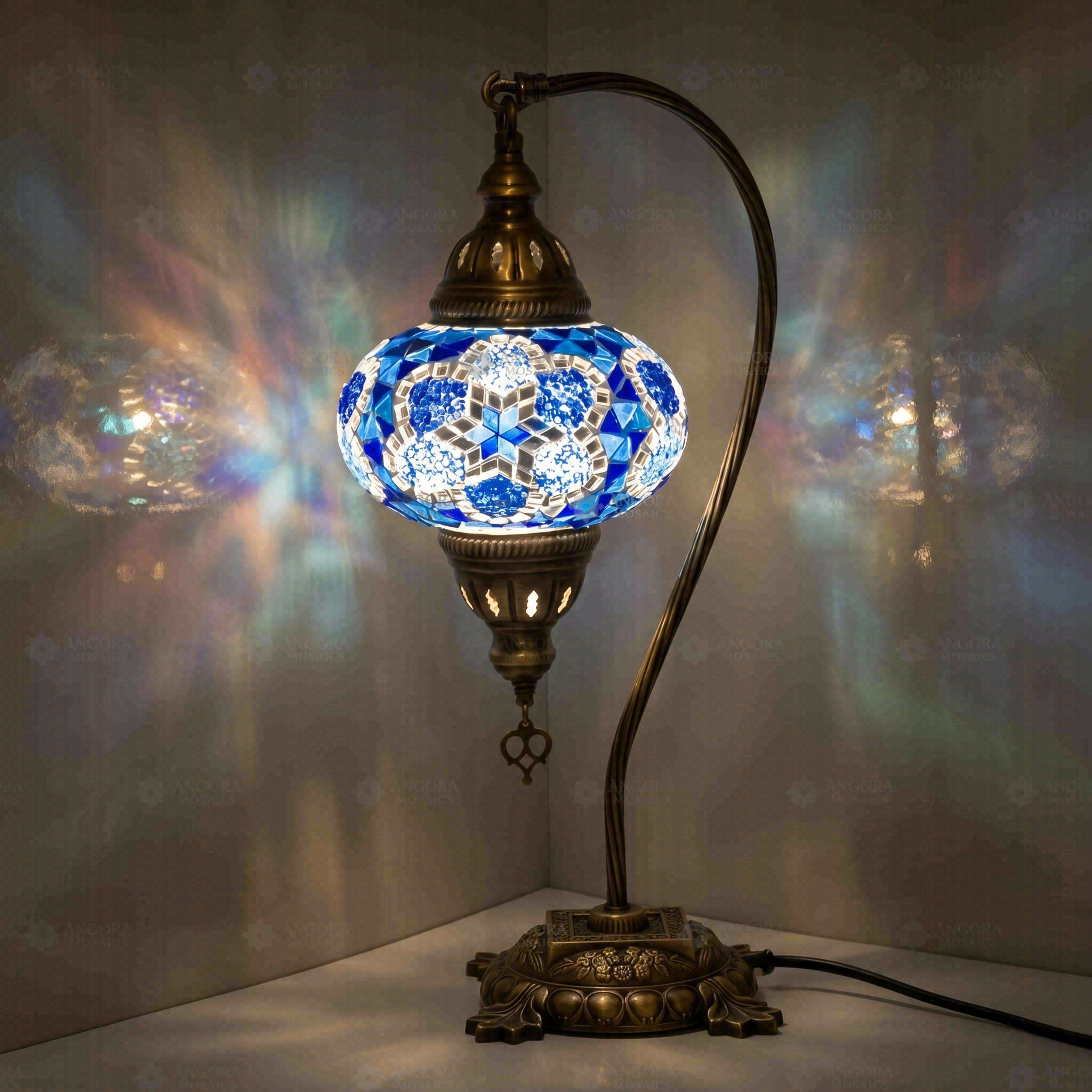 Blue Turkish mosaic table lamp illuminated, showing colorful light projection (ENV DVN3034)