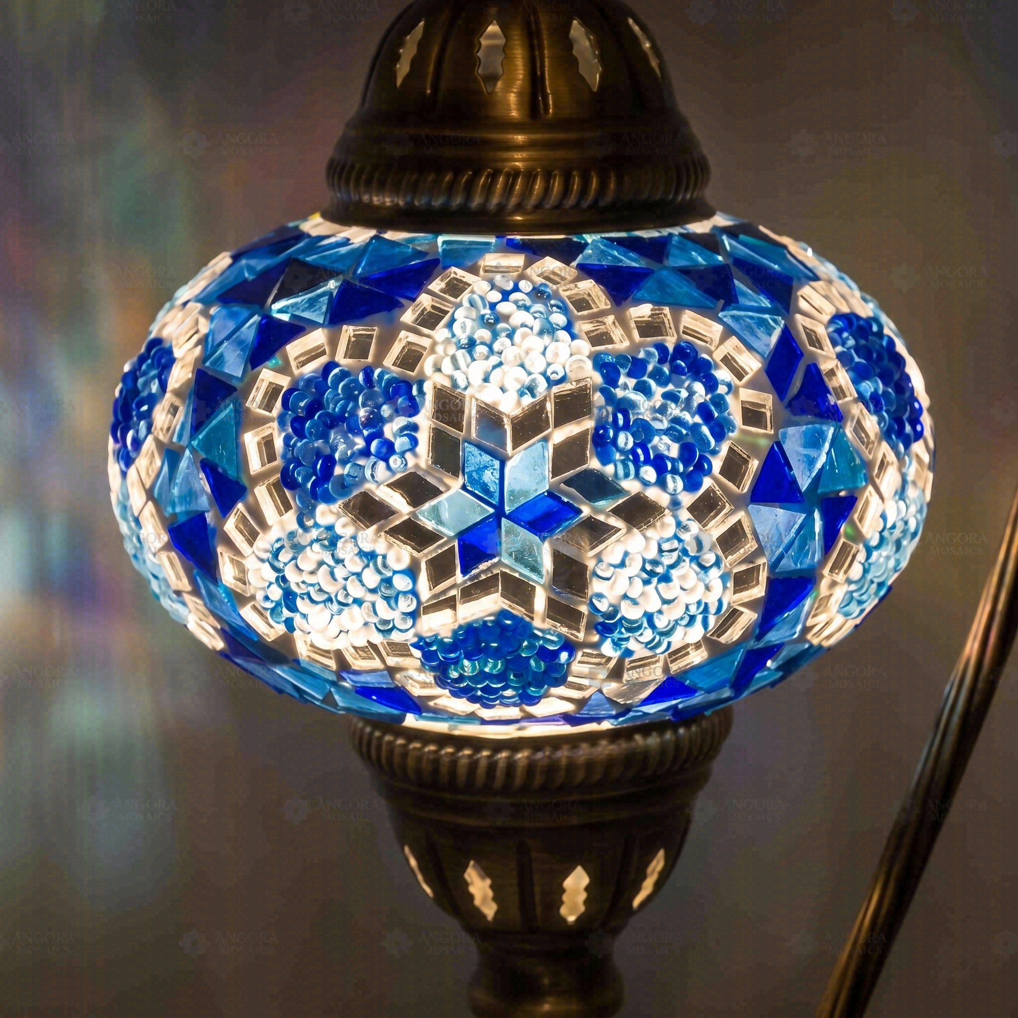 Lit close-up of mosaic glass globe — Blue table lamp glowing (ENV DVN3034)