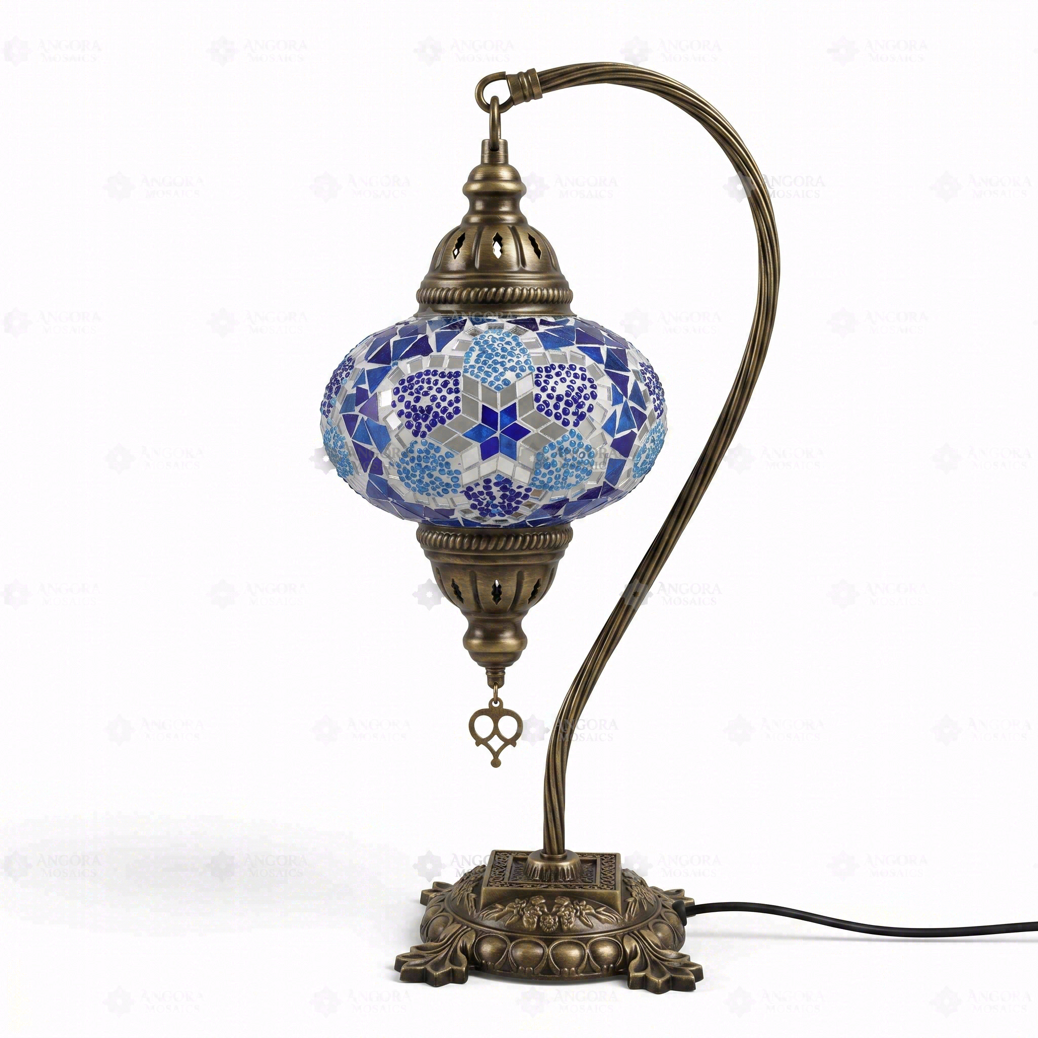 Full view of handmade Blue blue jewel Turkish mosaic table lamp on white background (ENV DVN3034)