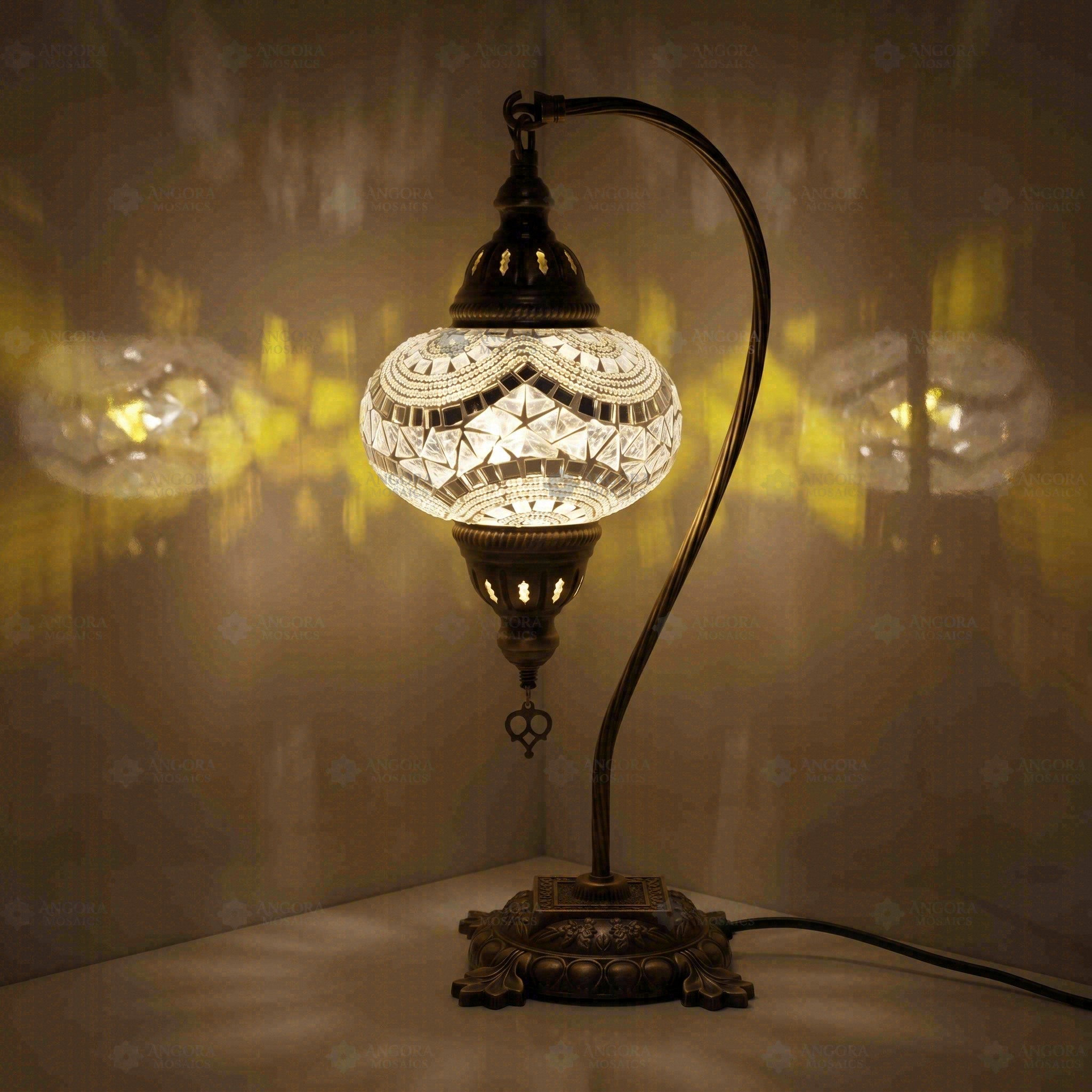 White Turkish mosaic table lamp illuminated, showing colorful light projection (ENV DVN3036)