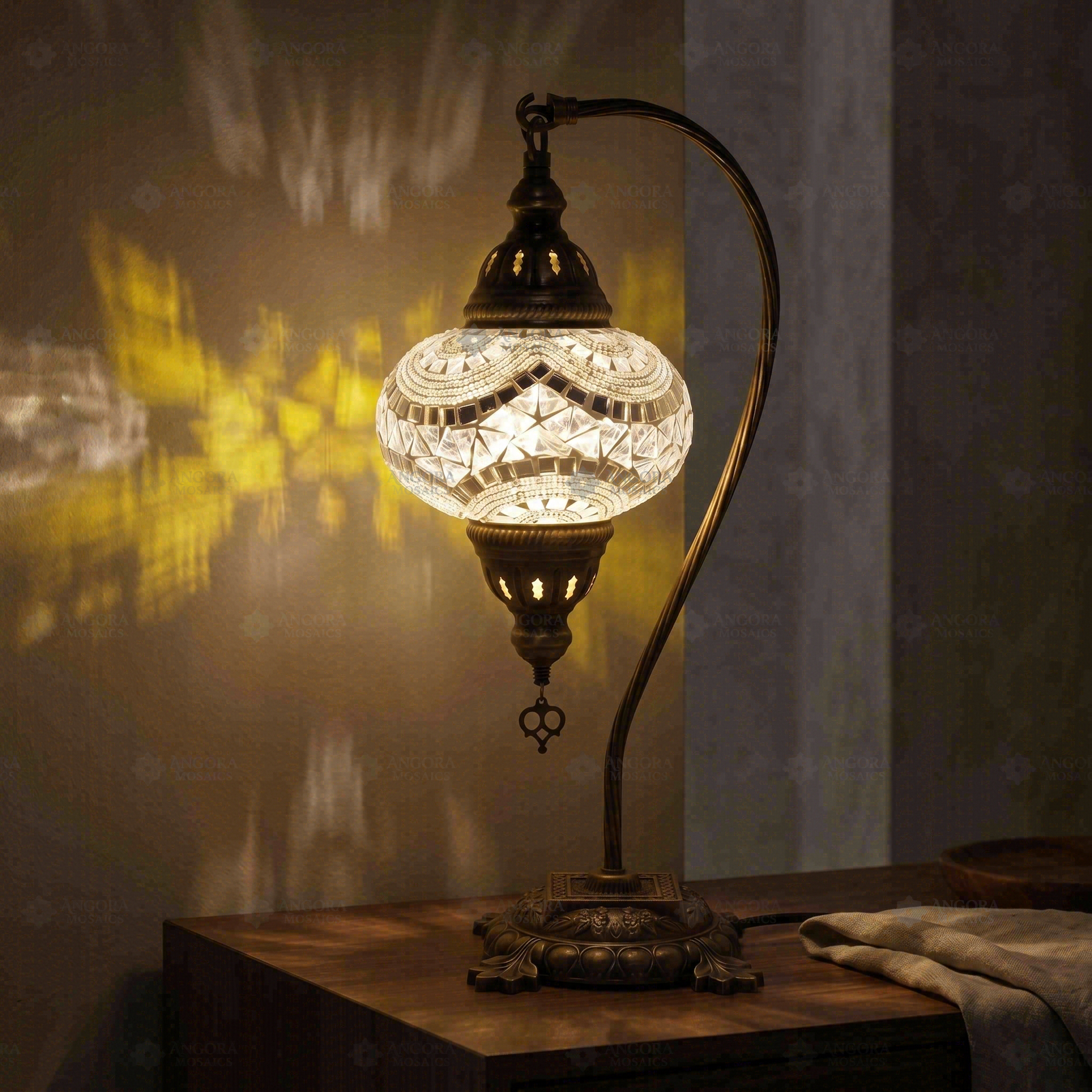 White white glow Turkish mosaic table lamp in styled room — handmade Moroccan table lamp (ENV DVN3036)