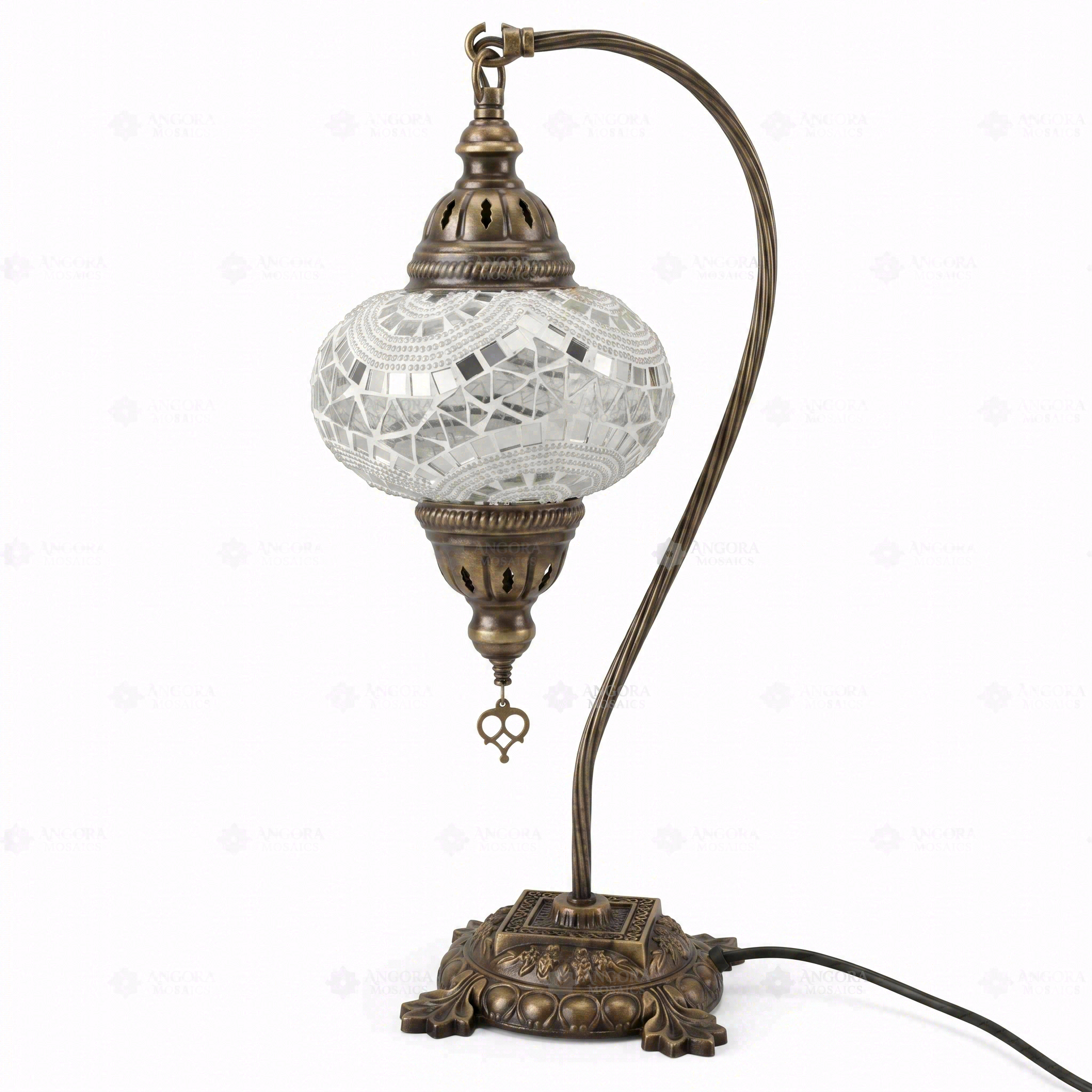 Full view of handmade White white glow Turkish mosaic table lamp on white background (ENV DVN3036)