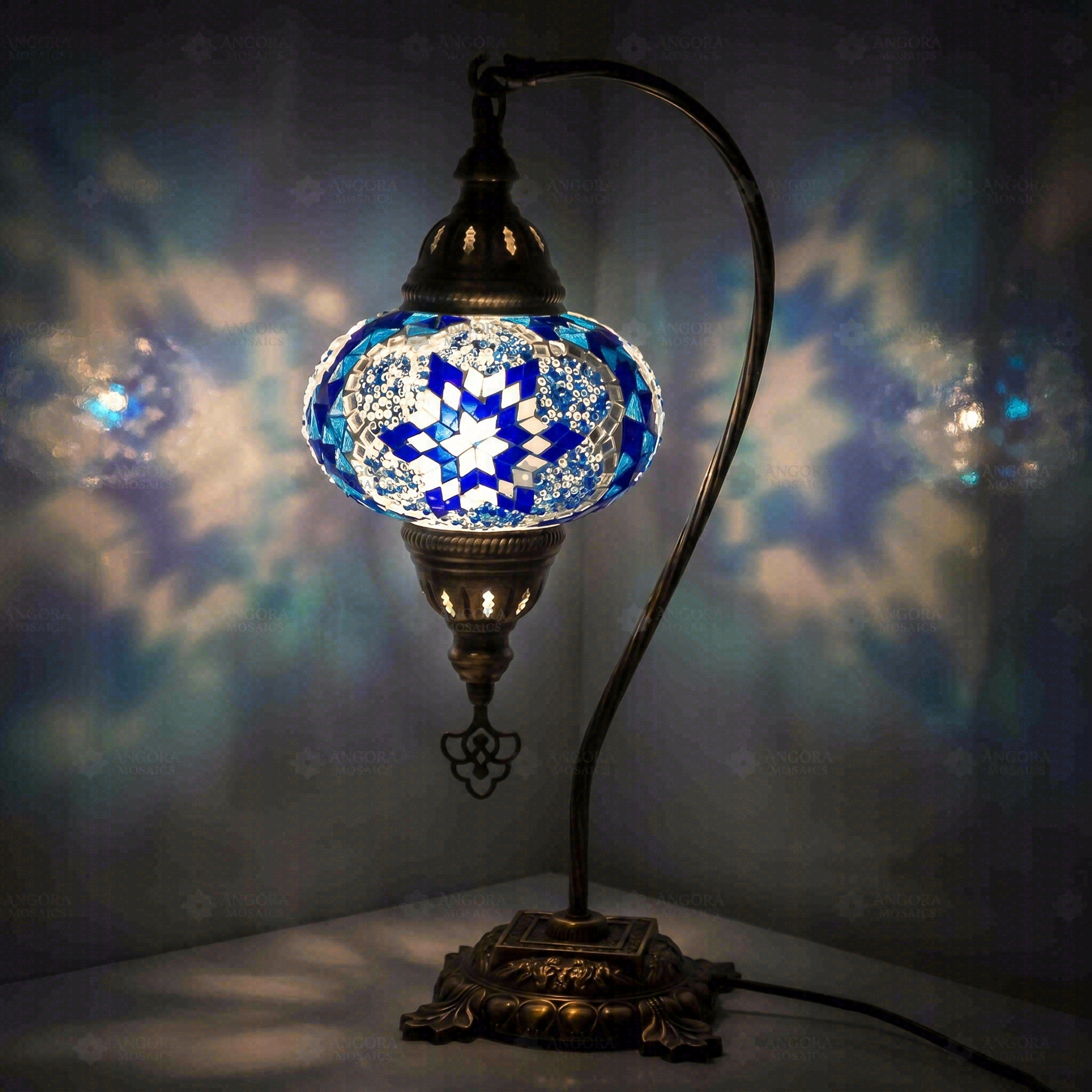 Blue Turkish mosaic table lamp illuminated, showing colorful light projection (ENV DVN3039)