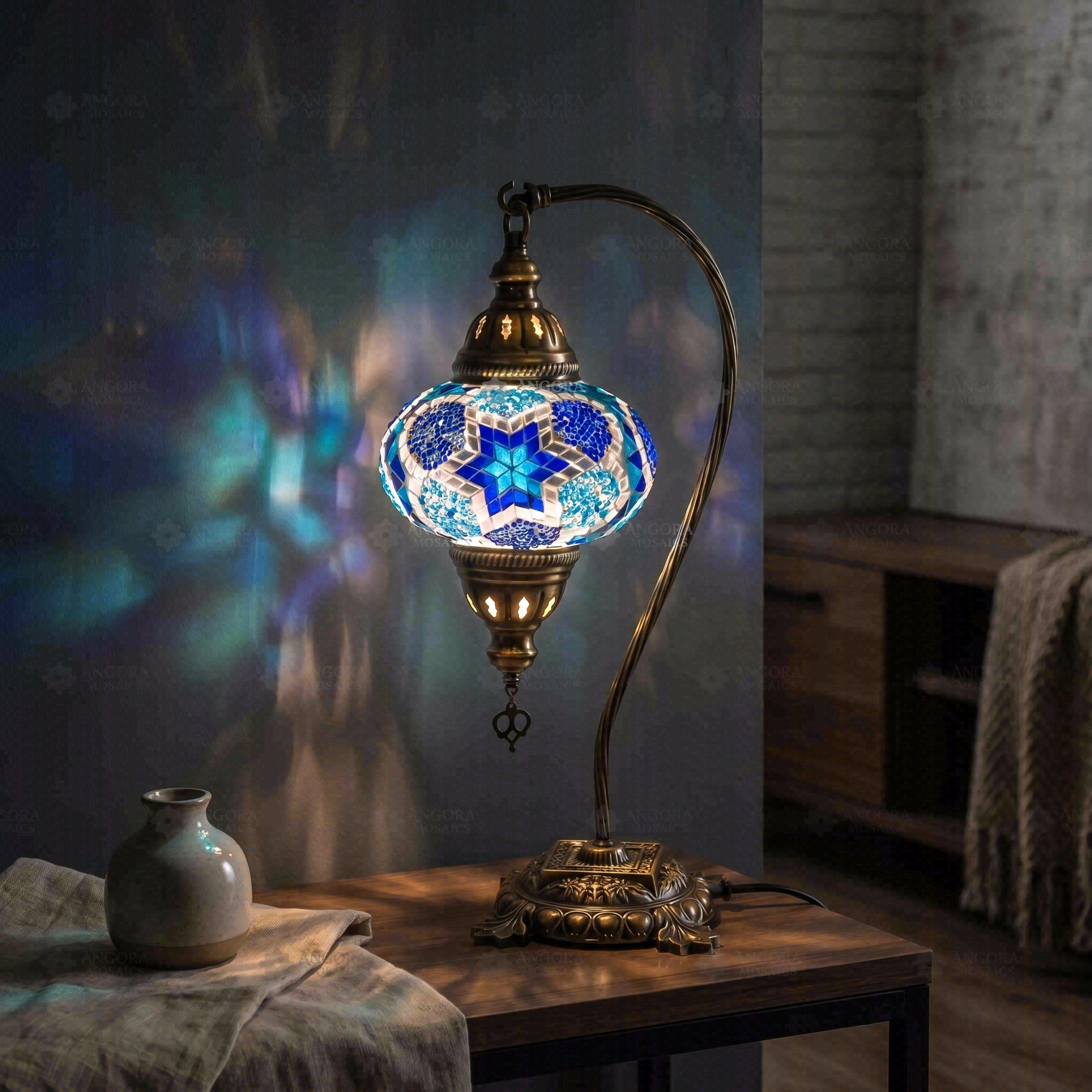 Blue blue jewel Turkish mosaic table lamp in styled room — handmade Moroccan table lamp (ENV DVN3040)