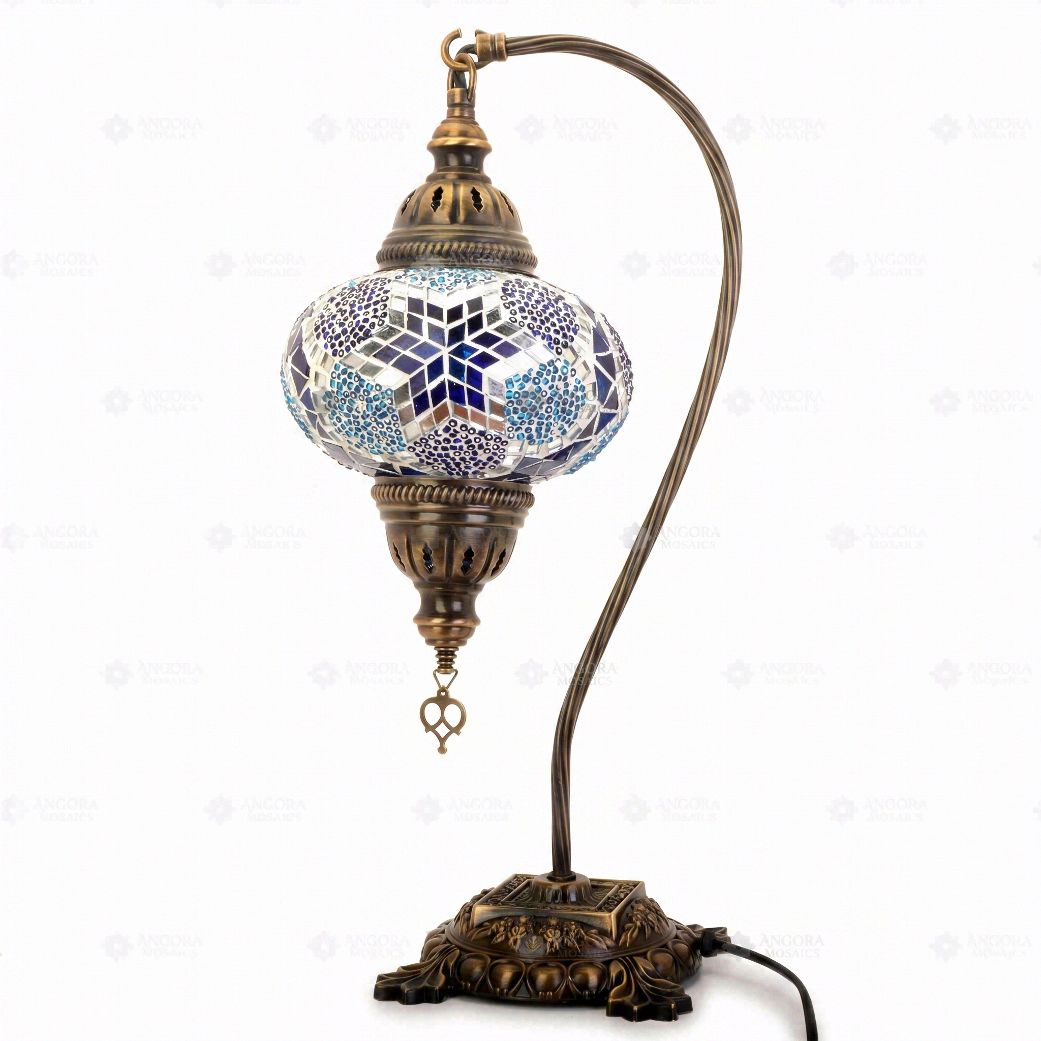 Full view of handmade Blue blue jewel Turkish mosaic table lamp on white background (ENV DVN3040)