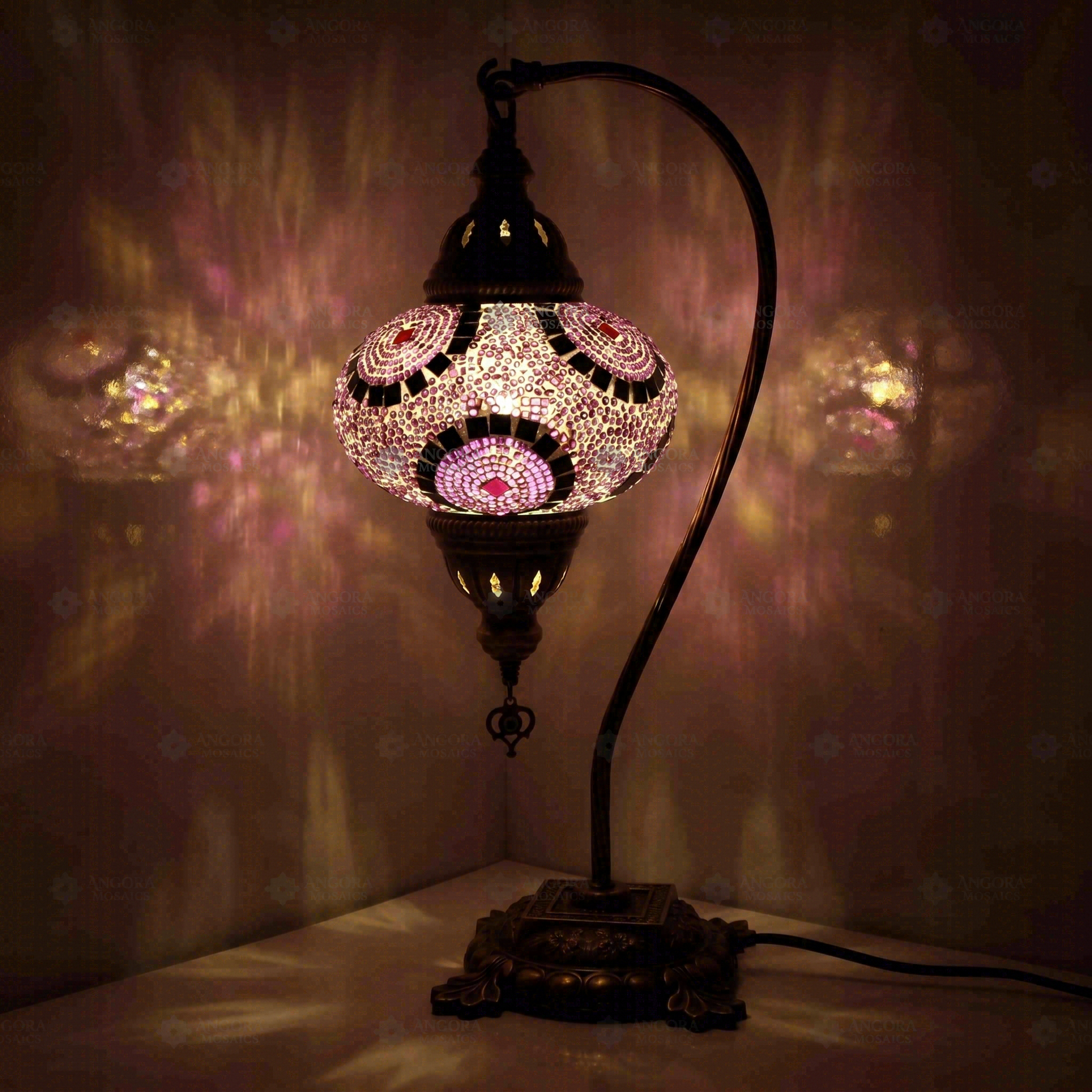 Pink Turkish mosaic table lamp illuminated, showing colorful light projection (ENV DVN3041)