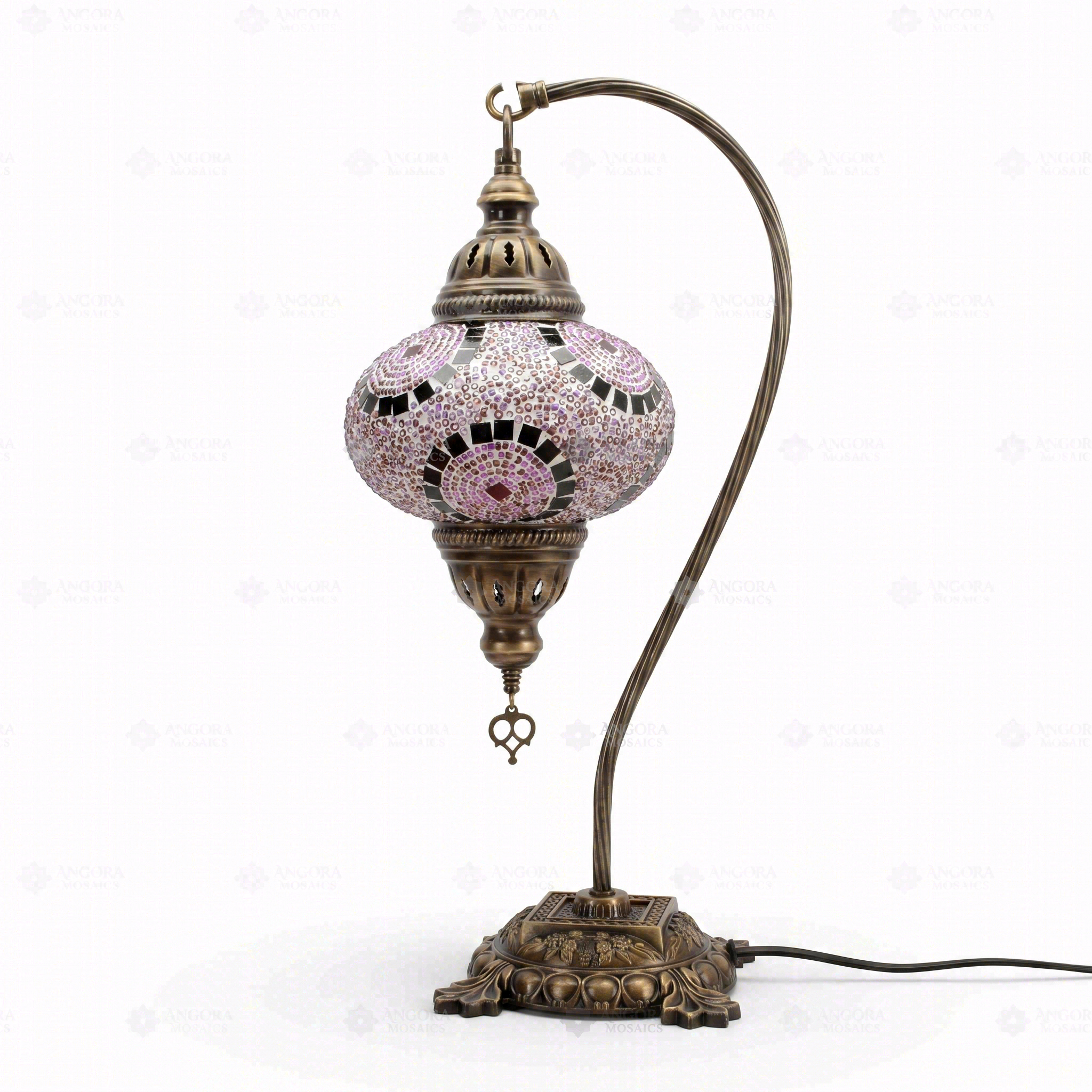 Full view of handmade Pink pink rose Turkish mosaic table lamp on white background (ENV DVN3041)