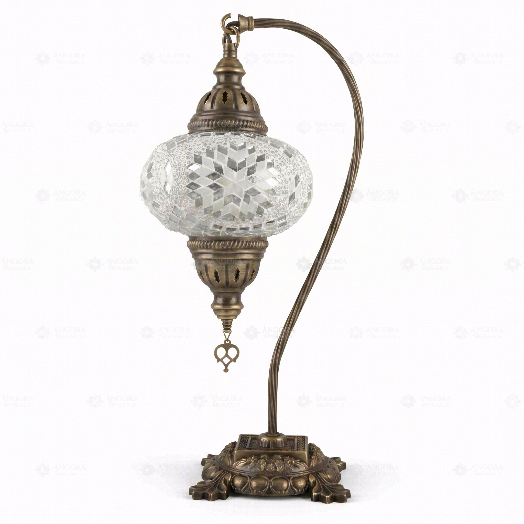 Full view of handmade Amber warm amber Turkish mosaic table lamp on white background (ENV DVN3043)